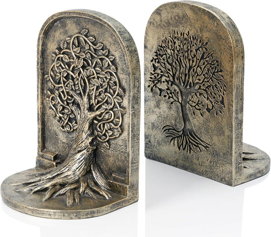 Tree of Life 3D Bookends with Intricate Details, Solid Resin Construction Non-Slip Design, Antique Gold Decor for Home Library, Office