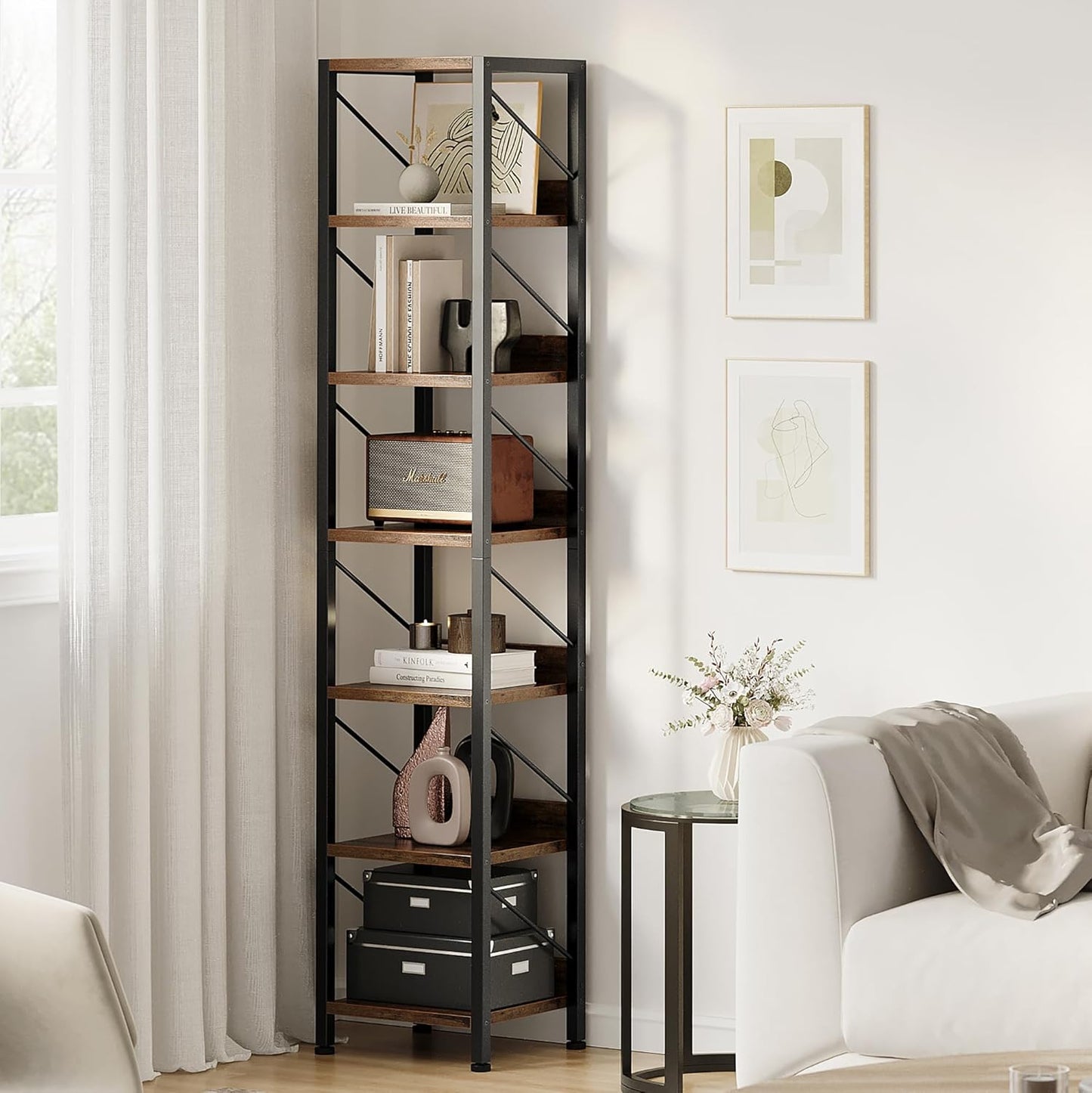 IDEALHOUSE Narrow Bookshelf Tall Skinny Bookcase 6 Tier Storage Rack Rustic Corner Shelf Metal Frame Small Freestanding Bookshelves Industrial Display Stand for Bedroom, Living Room, Home Office