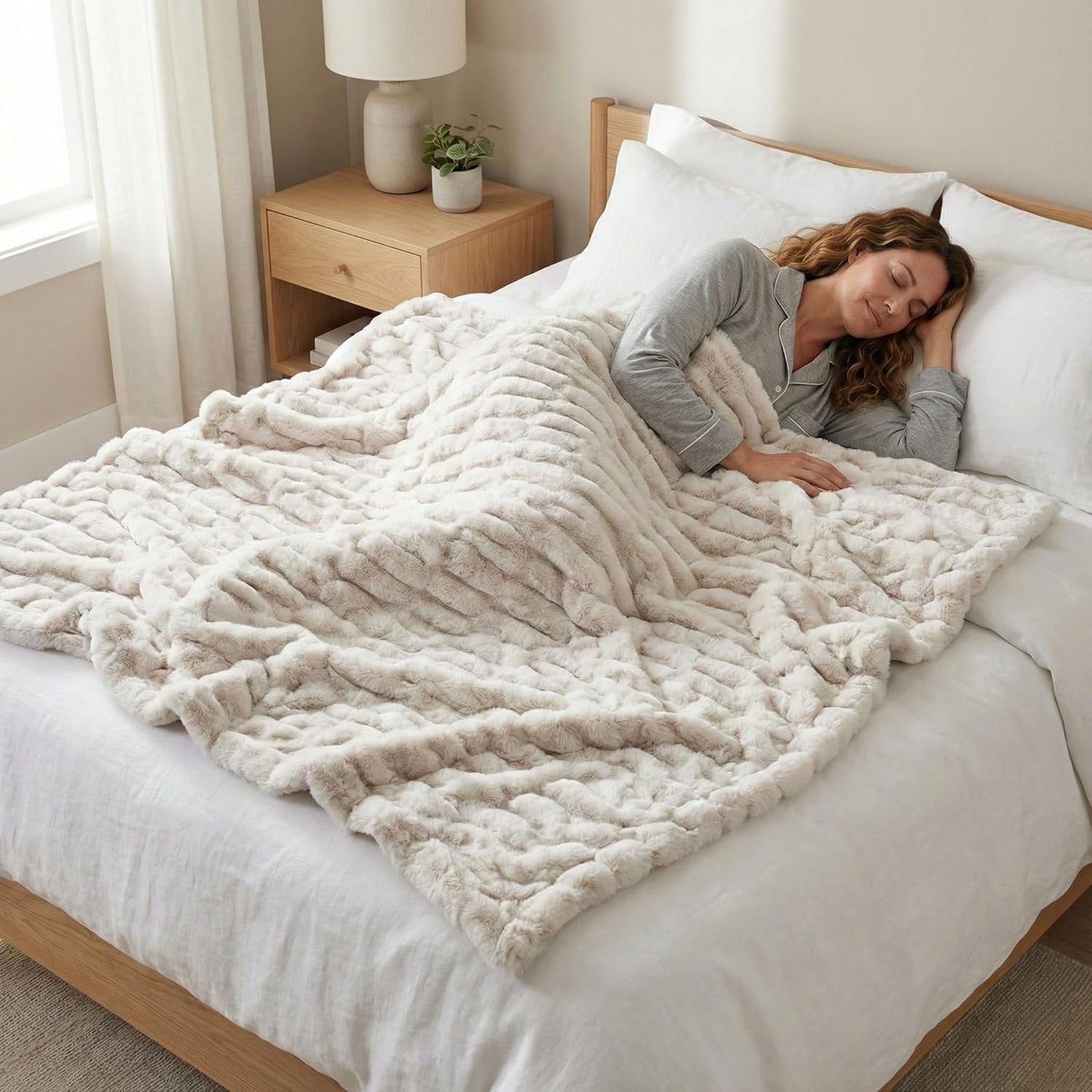 Luxury Concepts Soft Faux Rabbit Fur Throw Blanket - 50" x 60", Elegant Ruched Design Blanket, Machine Washable and Wrinkle Resistant, Lightweight Beige Throw Blanket for Couch, Sofa and Bed