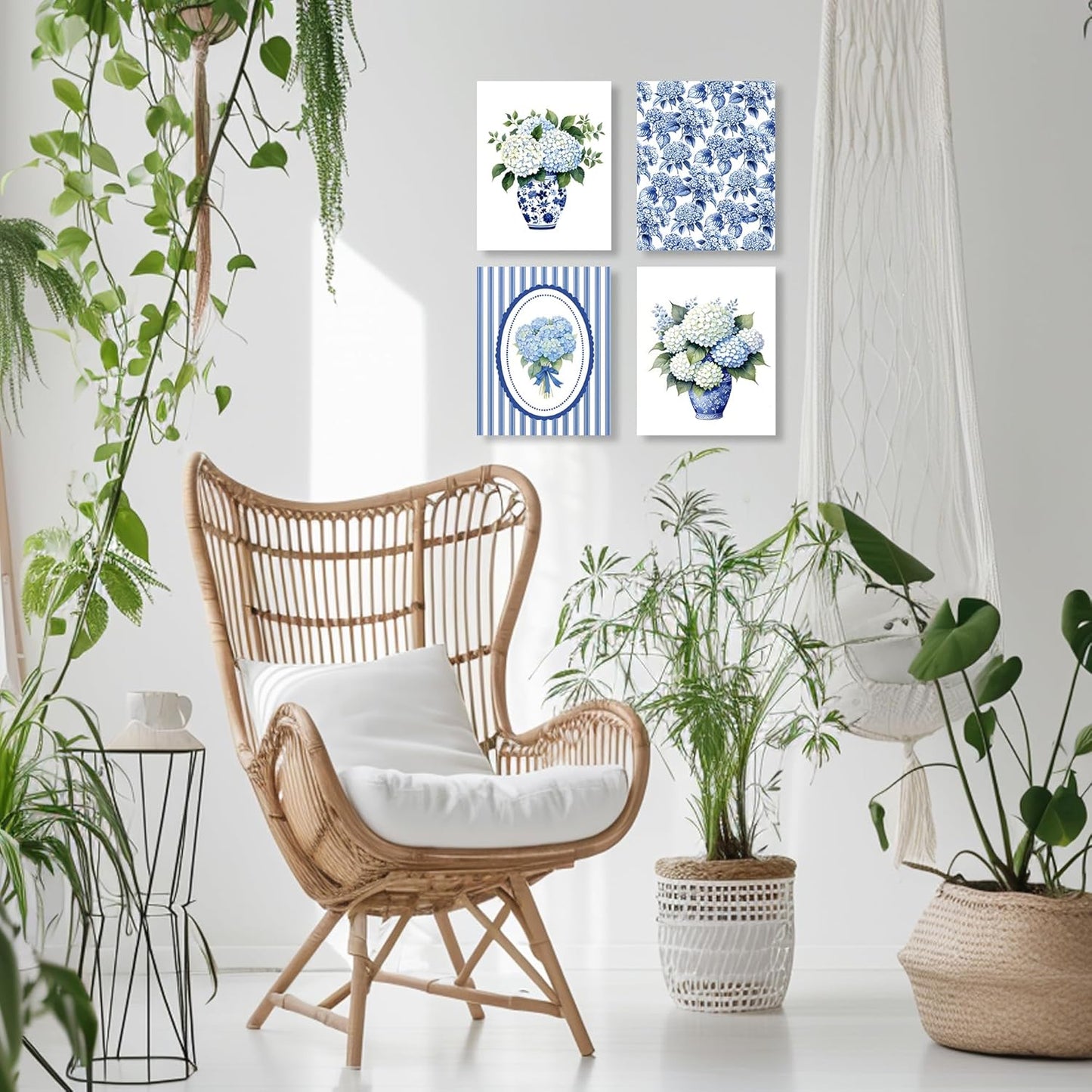LUKIPOM Chinoiserie Hydrangea Floral Wall Art Posters Set of 4, Grandmillennial Home Decor, Blue and White Porcelain Hydrangea Flower Canvas Prints Artwork Wall Decor, 8x10 Unframed
