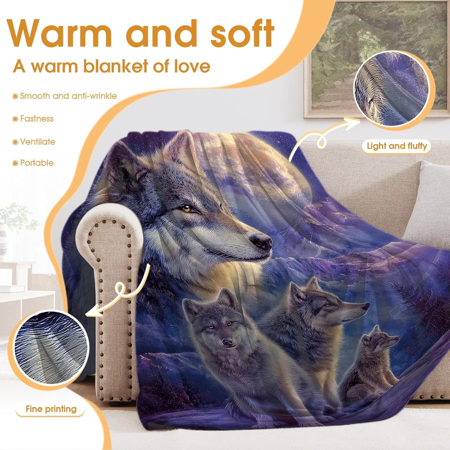 Wolf Starry Sky Moon Blanket for Adults Kids Mountains Trees Decor Gifts for Women Men Boys Girls Birthday Christmas Halloween Easter Dad Wife Mom Son Husband Boyfriend Throw Blanket 50"x60"