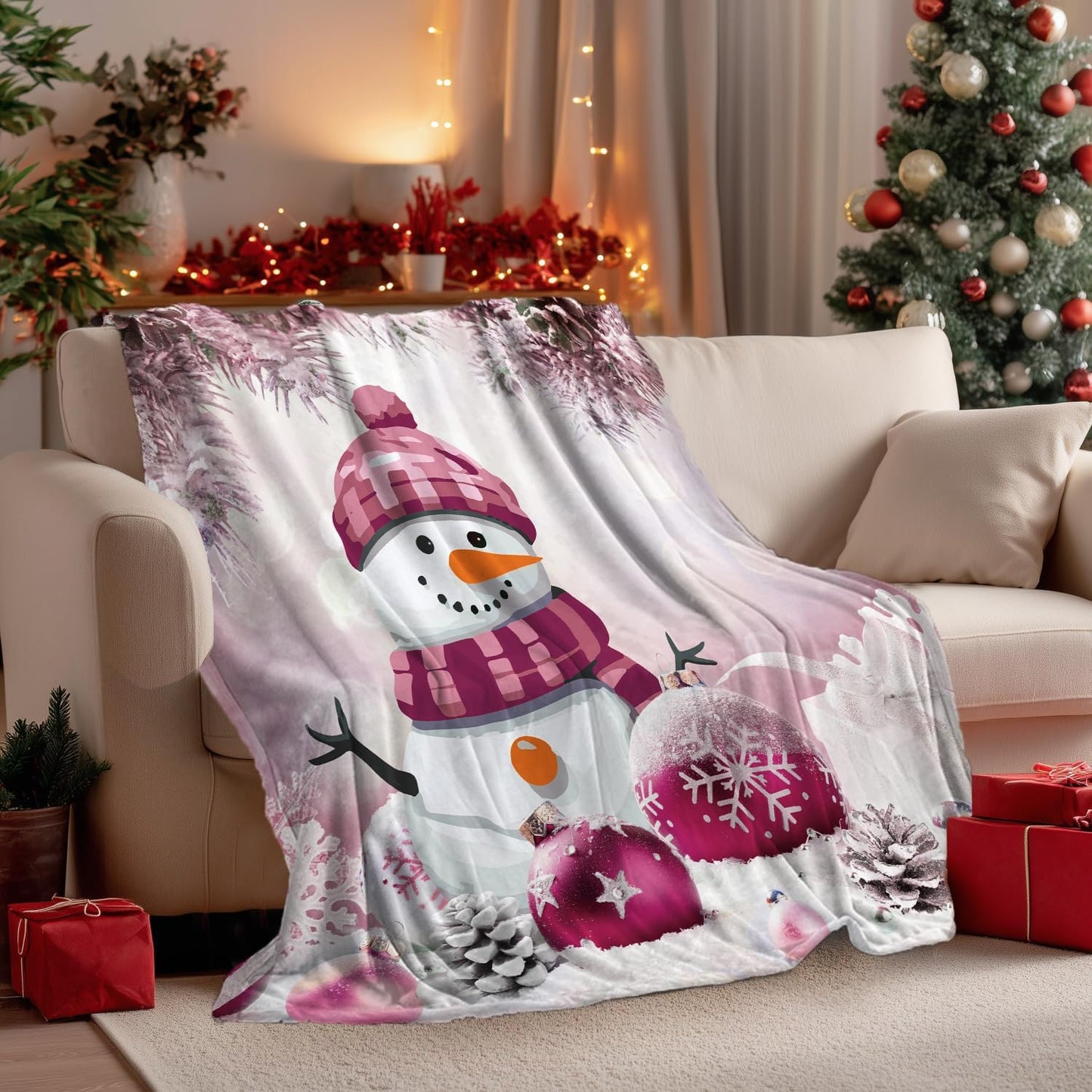 Pink Christmas Snowman Blanket, Cute Pink Christmas Tree Snowflake Soft Plush Warm Bed Couch Blanket, Winter Xmas Holiday Flannel Throws to Decorate The Room and Bedroom, 50X60 Inch