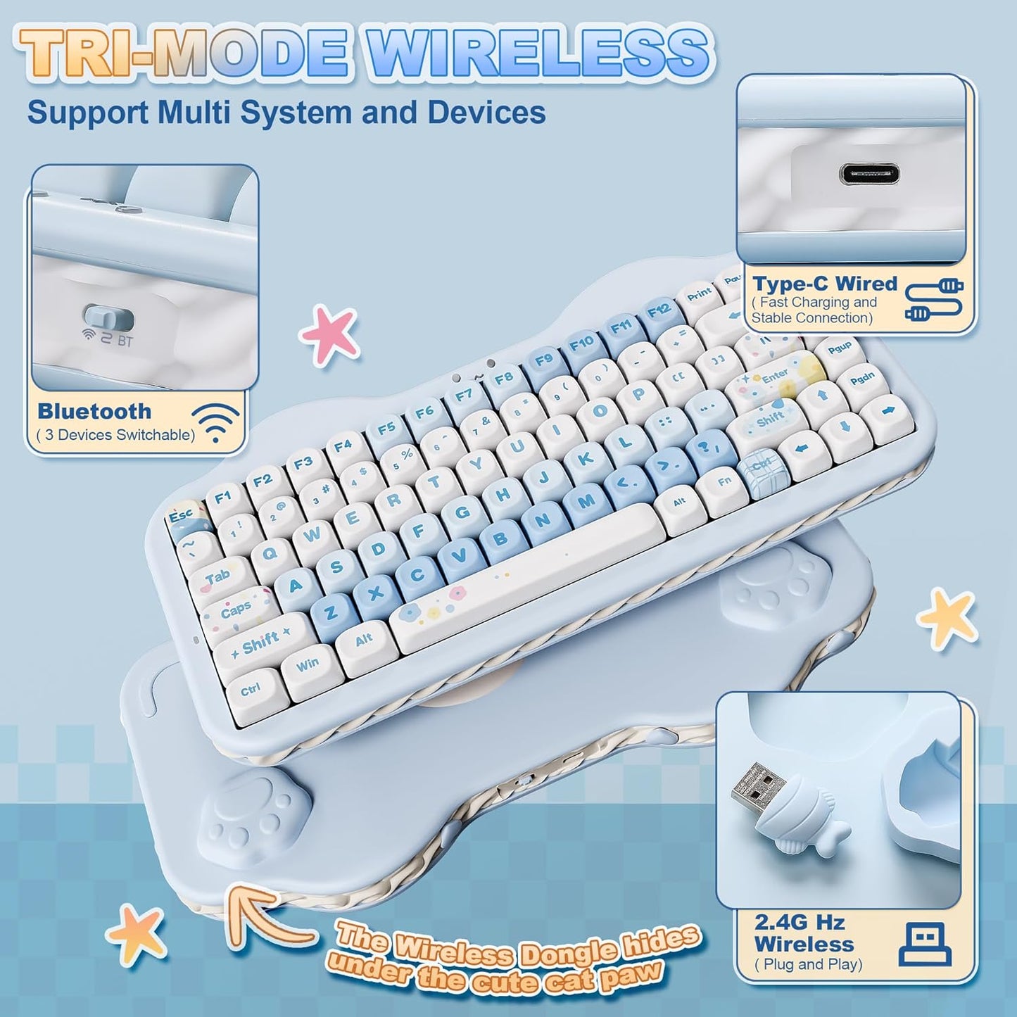 YUNZII C75 Wireless Mechanical Keyboard,75% Layout, Hot-Swappable NKRO,BT5.0/2.4G/USB-C Mode,Dye-Sub PBT MOA Keycaps,RGB Gasket Mount,Cute Cake Design for Mac/Win/Gaming (Blue, Candy Switch)