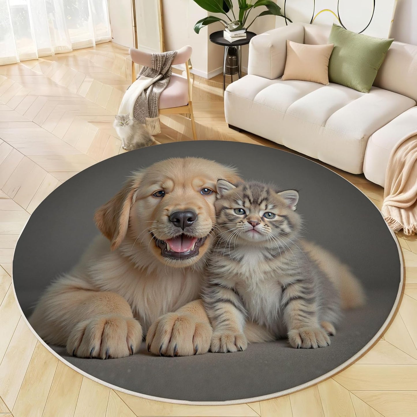 Washable Cute Golden Retriever Cat Area Rug, 5.25Ft Round Rugs for Living Room Soft Carpet for Bedroom Animal Theme Indoor Stain Resistant Non-Shedding Floor Carpet, Gray, 5.25Ft-Round