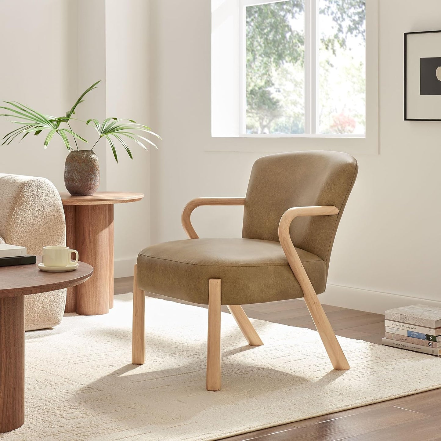 Modway Arden Faux Leather Upholstered Accent Armchair in Toast – Mid-Century Modern Lounge Chair with Curved Wood Frame