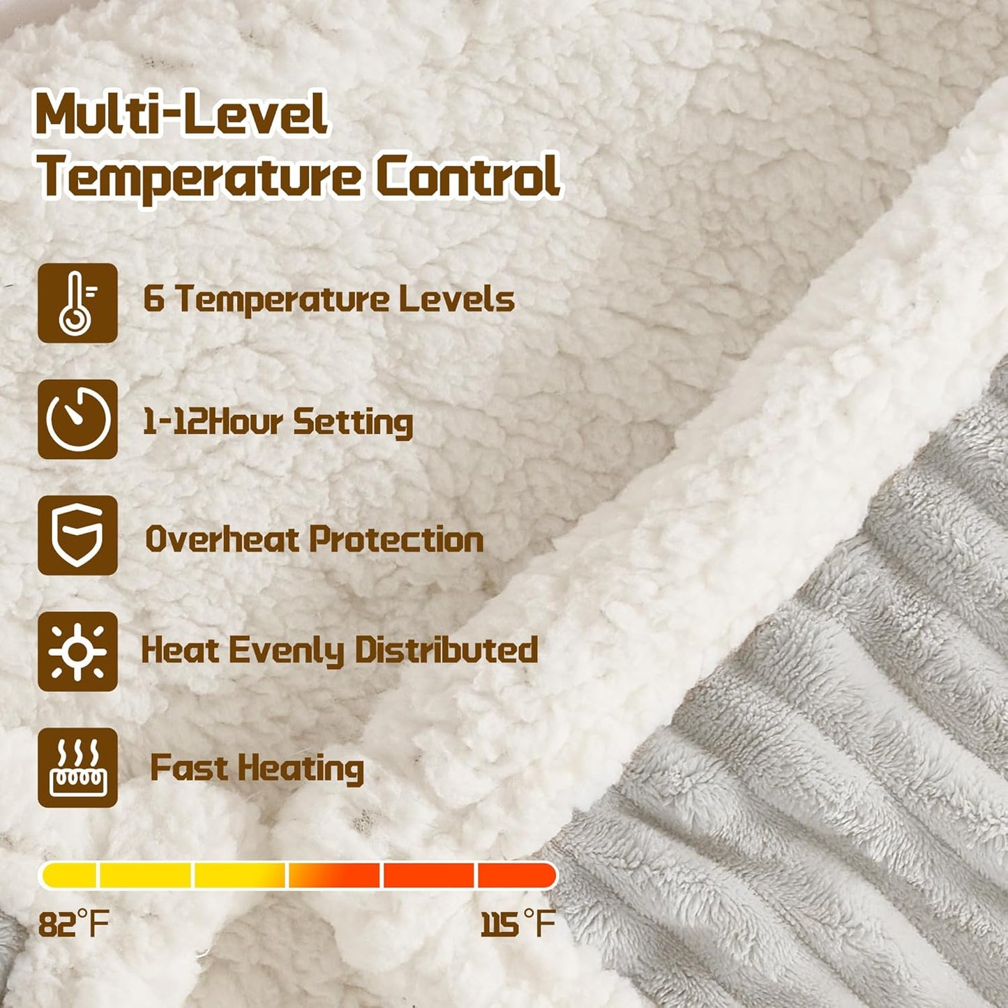 Heated Wearable Electric Blanket with Sleeves & Foot Pocket, Stripe Fleece Sherpa, 6 Heat Levels 12H Timer Setting, Over-Heat Protection, Machine Washable, 52x72 Inches Light Gray for Office/Home/Gift