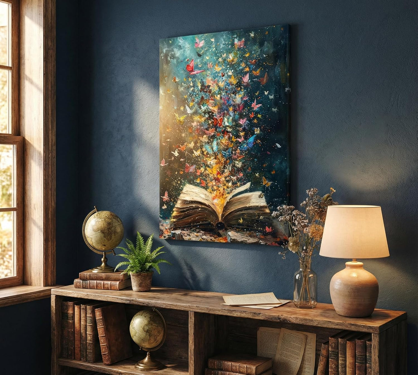 Colorful Butterfly Canvas Wall Art Retro Books Oil Painting Style Wall Decor Picture Butterflies Exploding in Books Poster Print for Library Reading Room Bedroom Modern Reading Concept Home Decoration