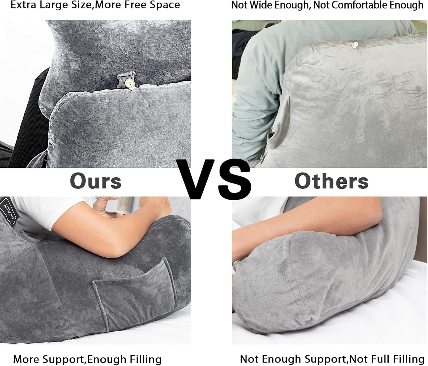 SLIGUY Reading Pillow for Sitting in Bed Couch Adult, Back Pillow with arm Support and Pockets, Adult Back Pillow Bed Chair for Bed Rest, Reading, Watching TV, Gaming for Boys and Girls Light Grey