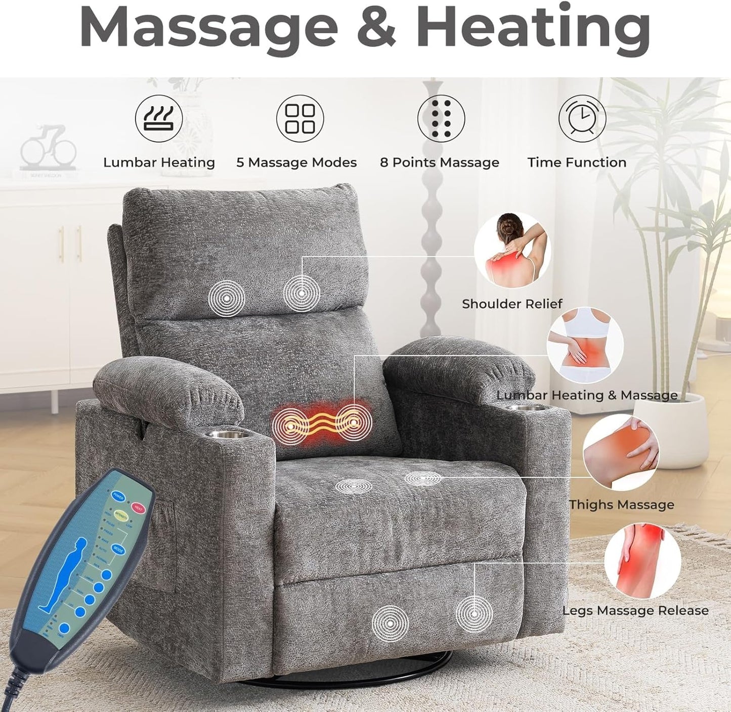 Electric Glider Rocking Recliners Chair with Adjustable Armrests Power Swivel Recliner Chairs with Massage and Heat Headrest for Home Furniture