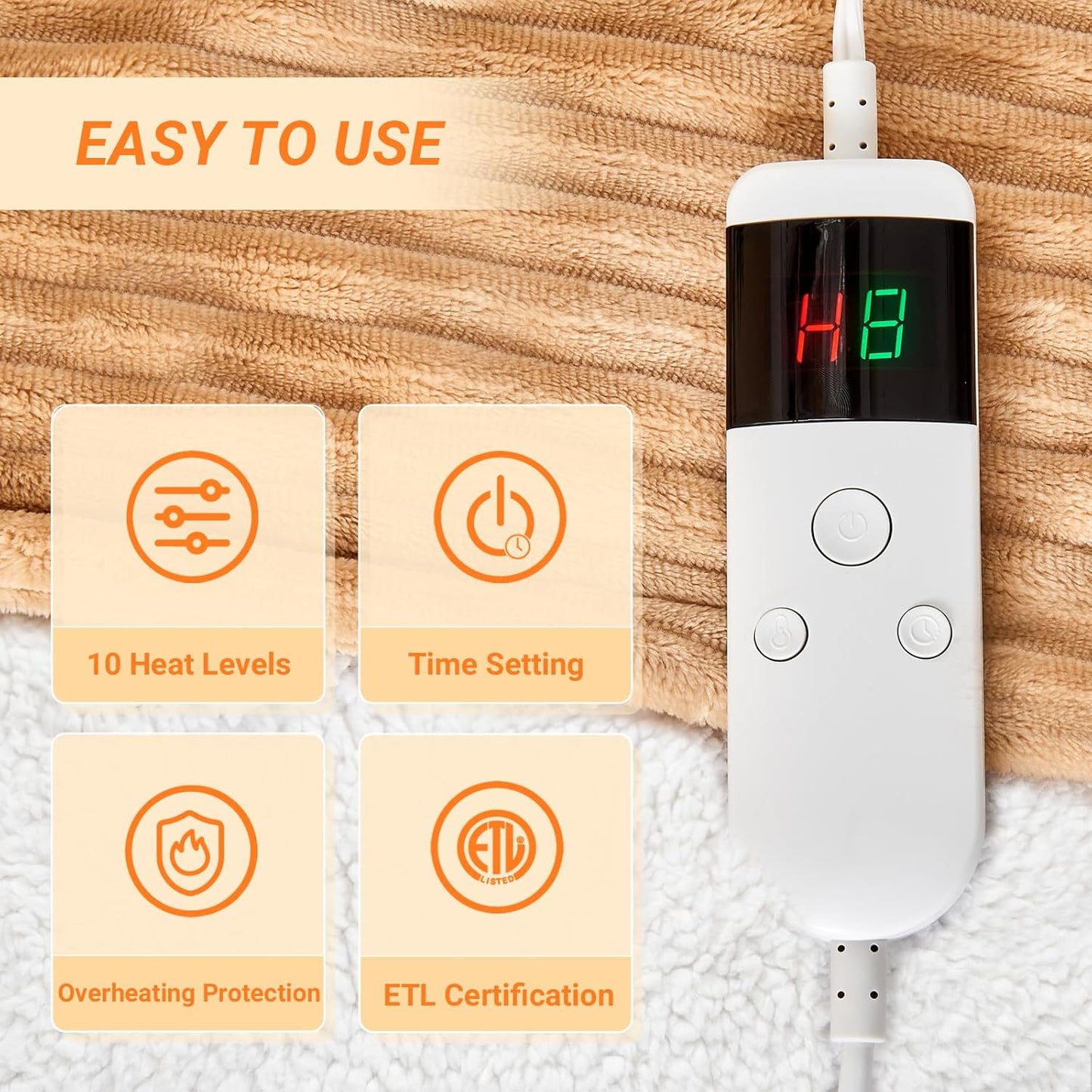 Heated Blanket Electric Throw, Soft Flannel Heating Blanket with 8 Hours Auto Off 10 Fast Heating Levels Machine Washable Sherpa Heated Blanket with Overheating Protection