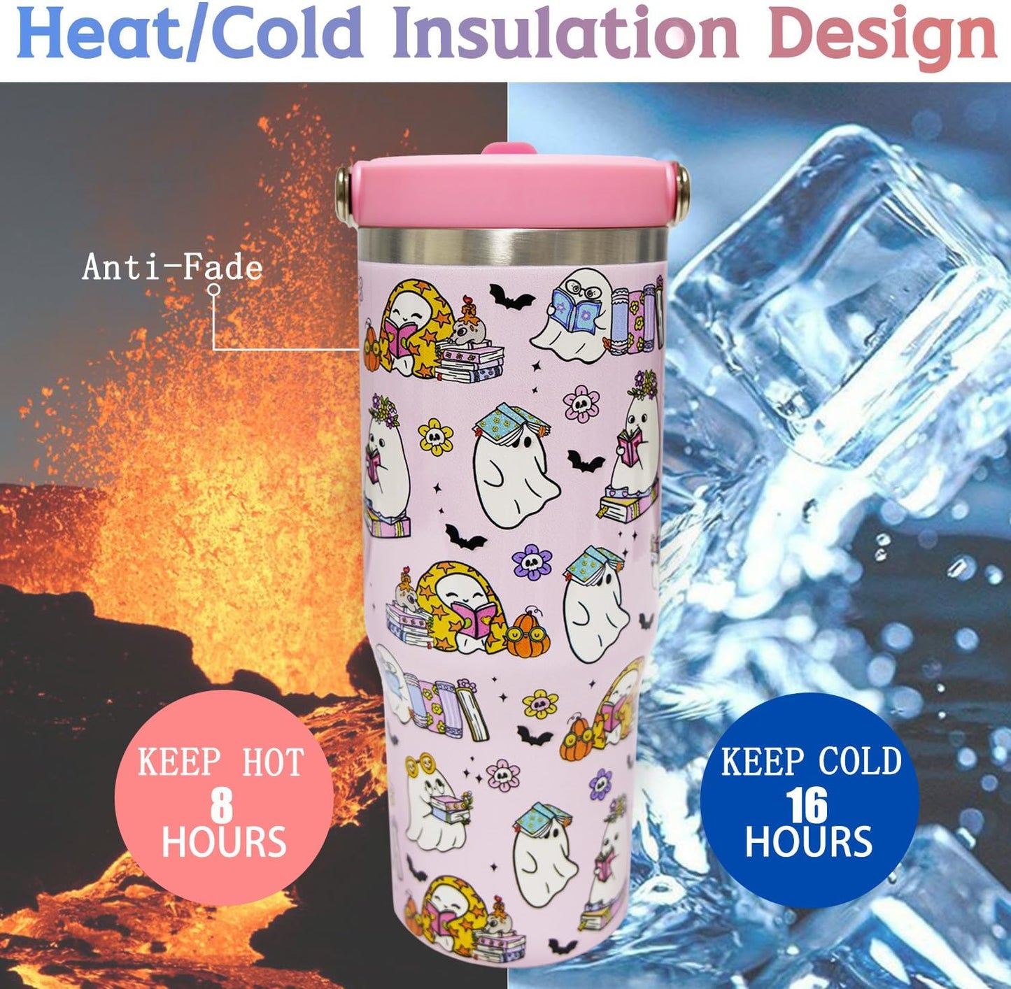 30oz Halloween Tumbler with Handle and Straw, Pink Ghost Insulated Tumbler, Leak Proof Travel Coffee Mug, Reusable Stainless Steel Ghost Tumbler, Halloween Gifts for Women (pink white)