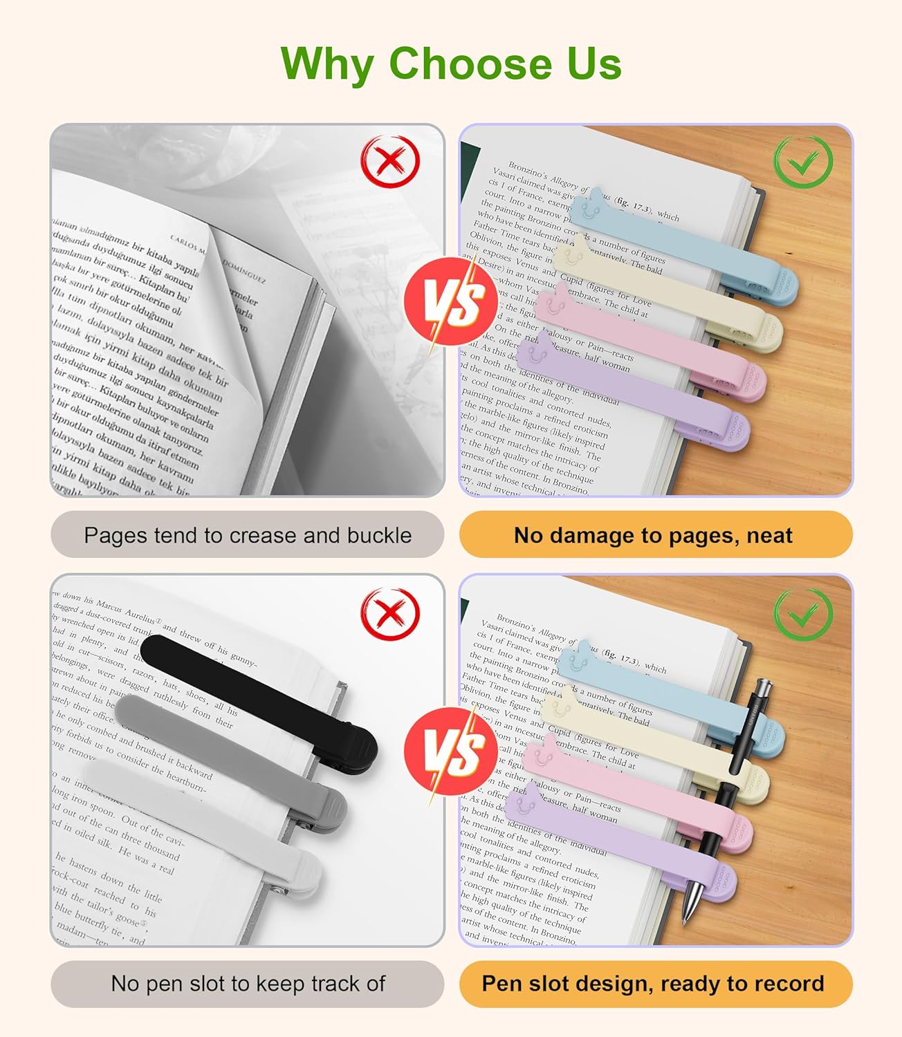 Nearockle 4Pcs Automatic Bookmark, Upgraded Silicone Book Marks with Pen Holder Slot for Women, Men, Kids, Book Lovers, Reading Accessories Bookish Gifts for Teacher, Student