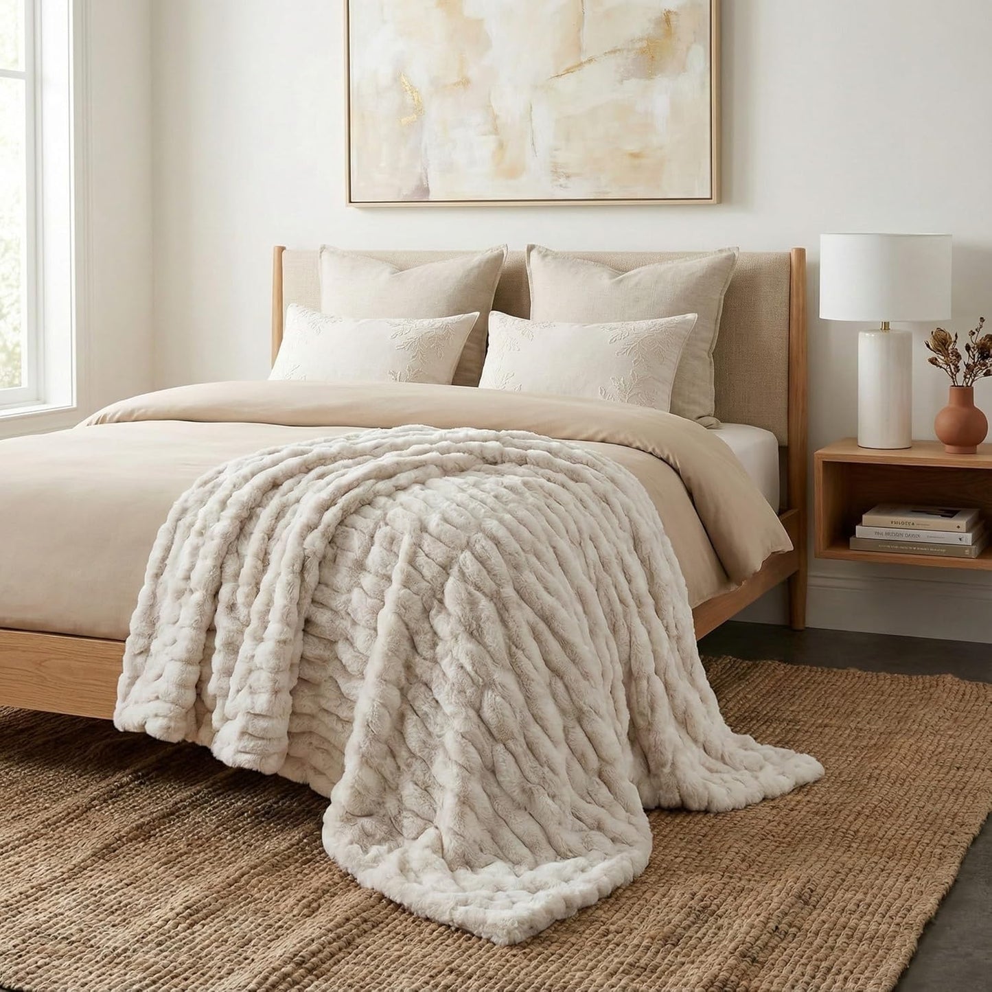 Luxury Concepts Soft Faux Rabbit Fur Throw Blanket - 50" x 60", Elegant Ruched Design Blanket, Machine Washable and Wrinkle Resistant, Lightweight Beige Throw Blanket for Couch, Sofa and Bed
