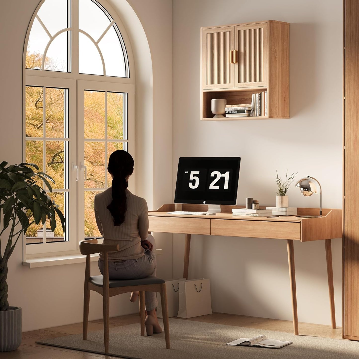 Bathroom Wall Storage Cabinet, Medicine Cabinet with Adjustable Wood Shelf & Doors, Over The Toilet Storage Cabinet for Laundry Room & Living Room Kitchen Storage Islands (Natural Oak)