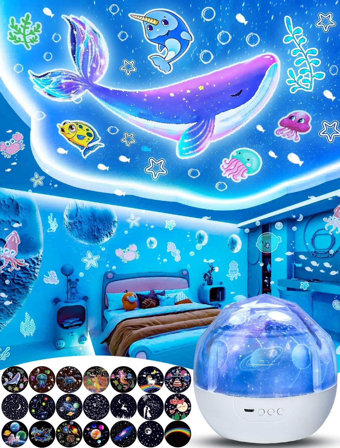 Kids Night Light Projector + 21 Sets of Films, Projector Night Light for Kids Bedroom, Ceiling, Star Galaxy Projector for Baby Girls with 360° Rotation, Dimmable for Birthday, Christmas, Room Decor