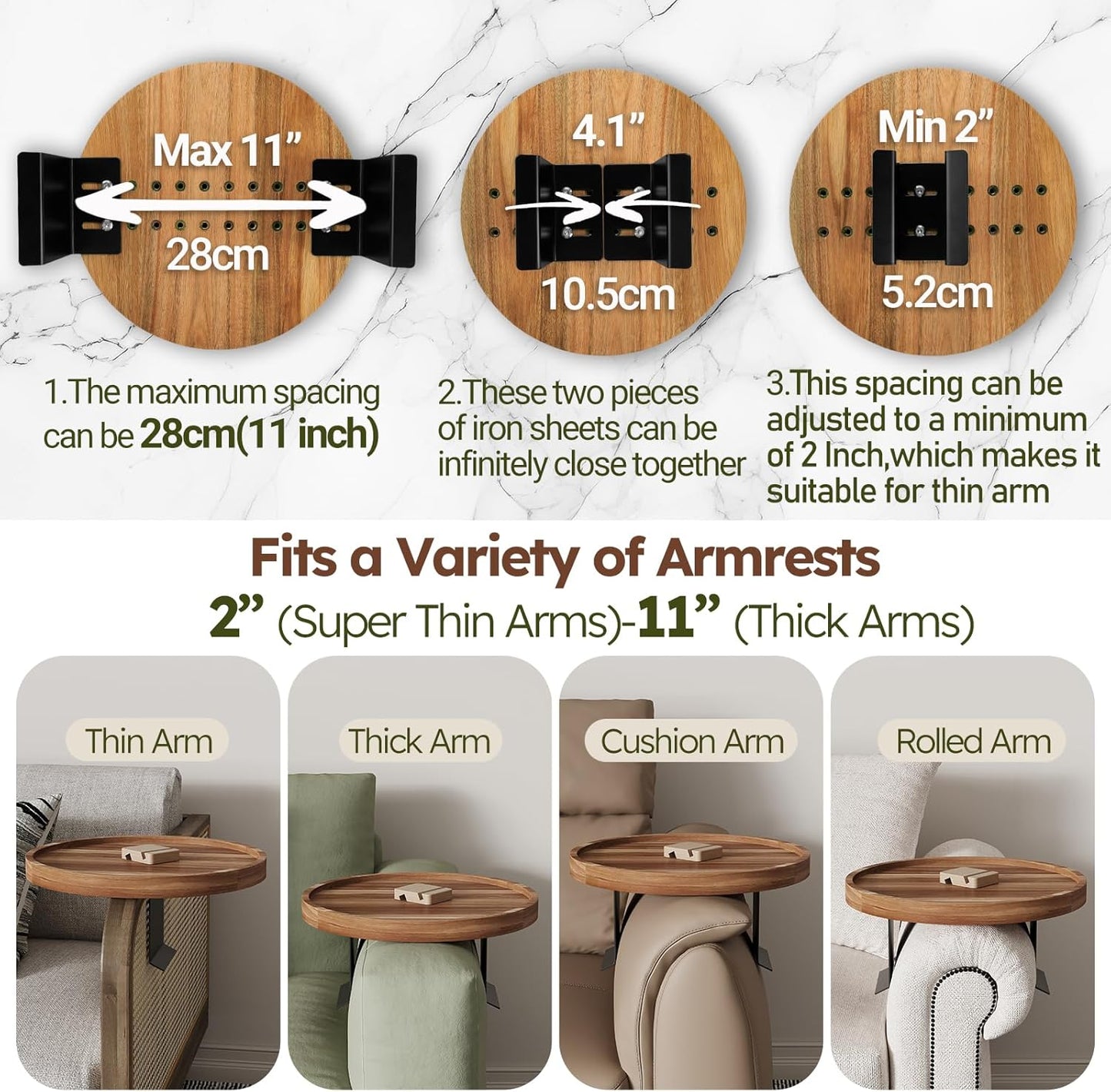 Acacia Wood Couch Arm Tray Table,11.8 Inch Adjustable Round Sofa Arm Tray,Wooden Armrest Table for Couches,Arm Chair Companion for Eating