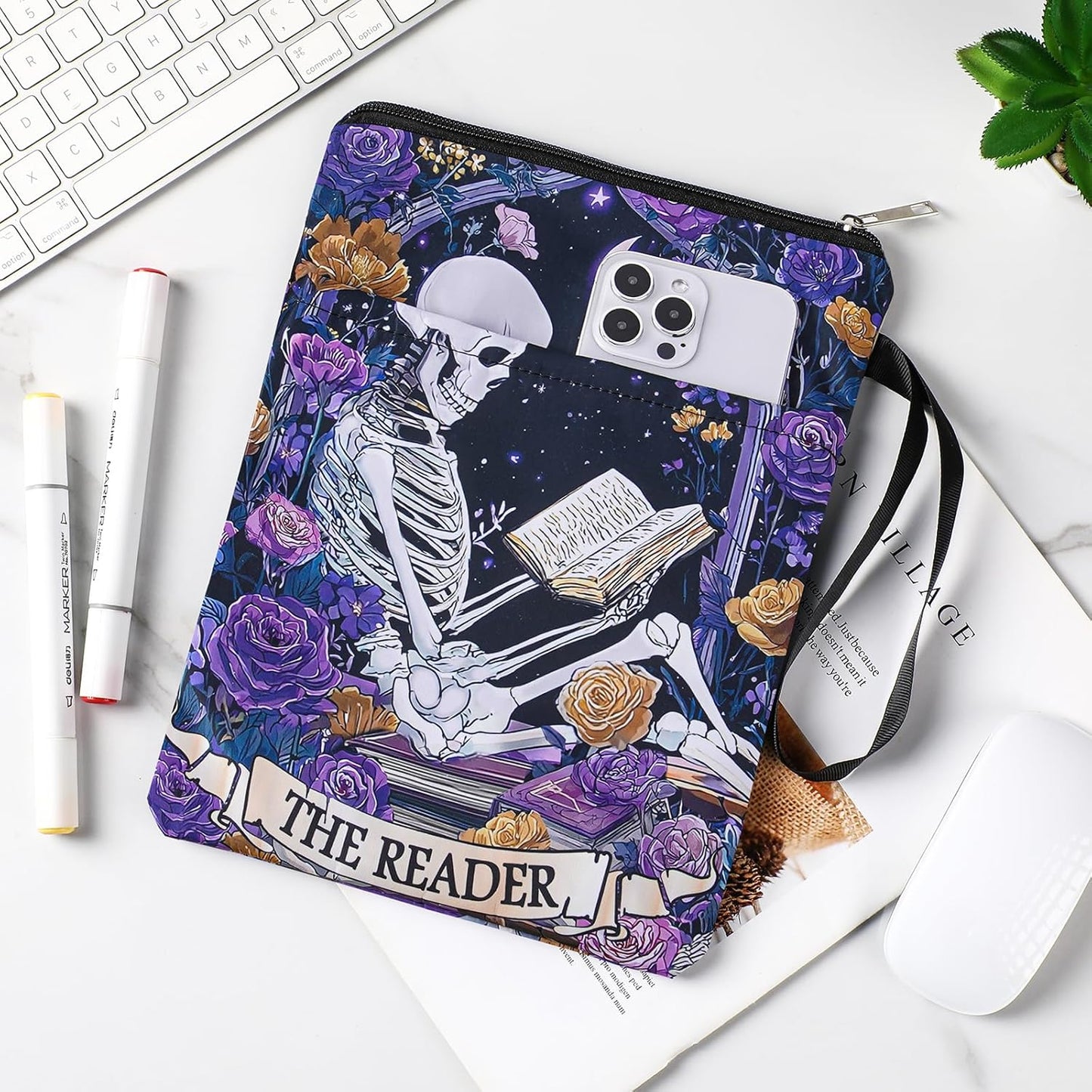Gothic Skeleton Book Sleeve - Floral Books Covers Protector with Zipper and Pocket for Paperbacks Reading Lover Accessories Birthday Halloween Christmas Gift for Women Teacher Student