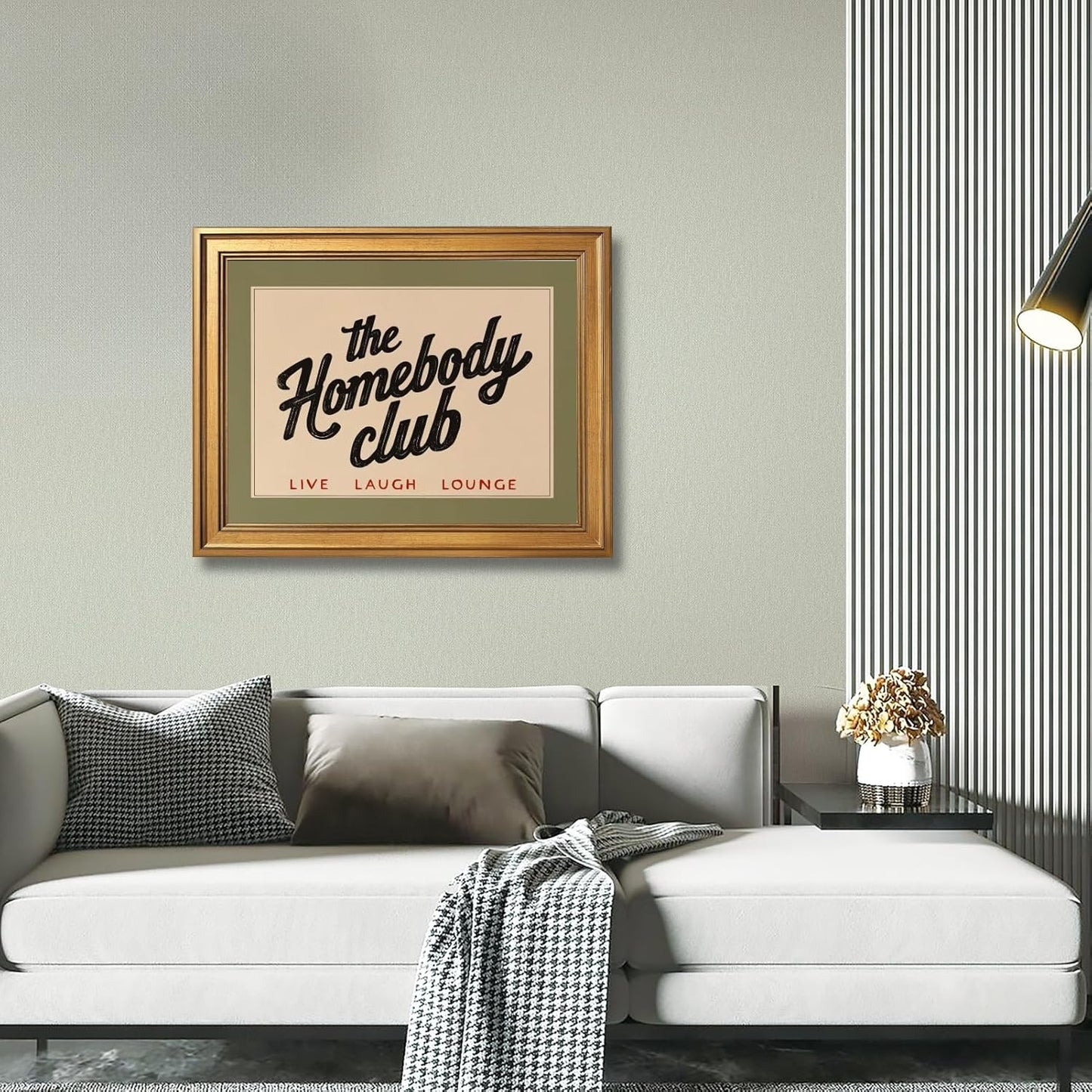 Retro The Homebody Club Canvas Wall Art Prints Funny Quotes Poster Cozy Green and Beige Aesthetic Art Posters Vintage Trendy Funky Quote Wall Decor for Bedroom 24x36inch Golden Frame