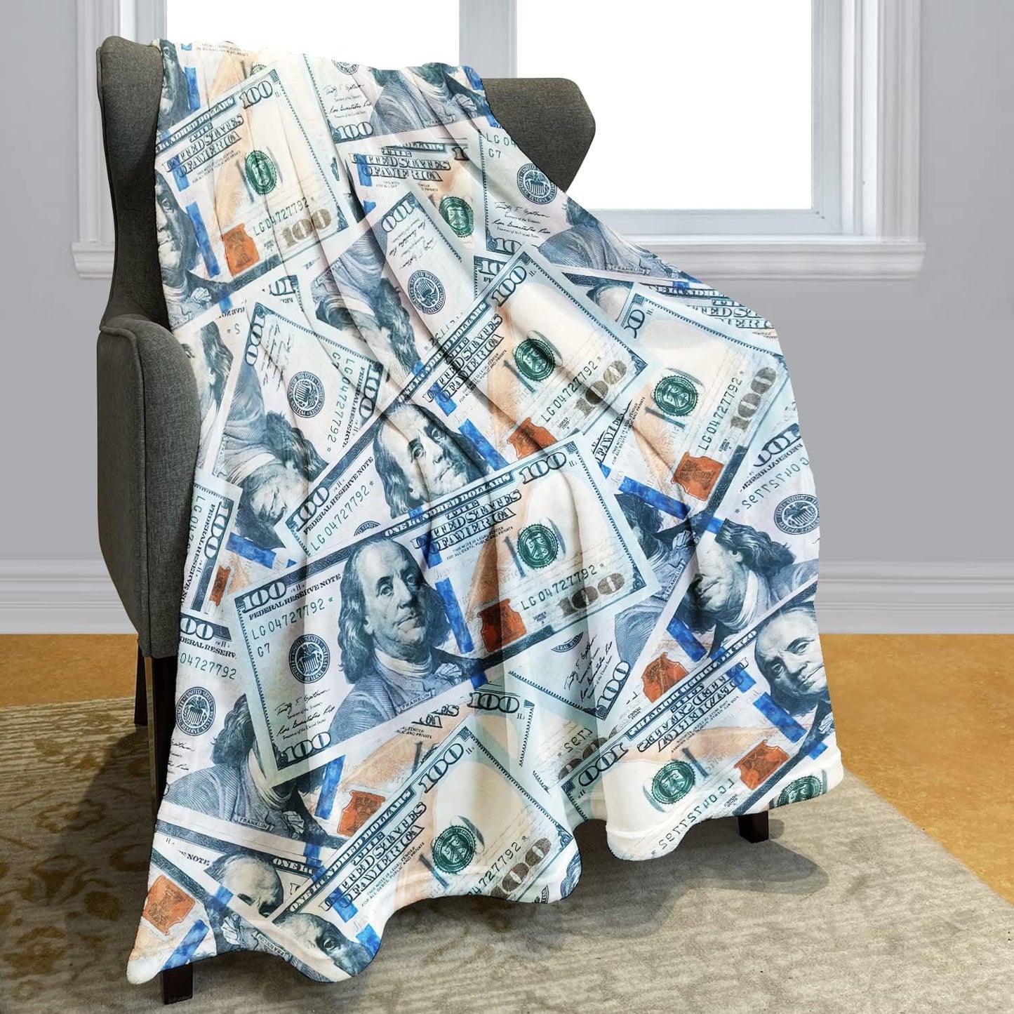 HommomH Fleece Blanket 60" x 80" Blue Funny 100 Dollar Bill Cash Us Cute Things Money Lightweight Fuzzy Cozy Soft Warm Throw for Men Women, Air Conditioning