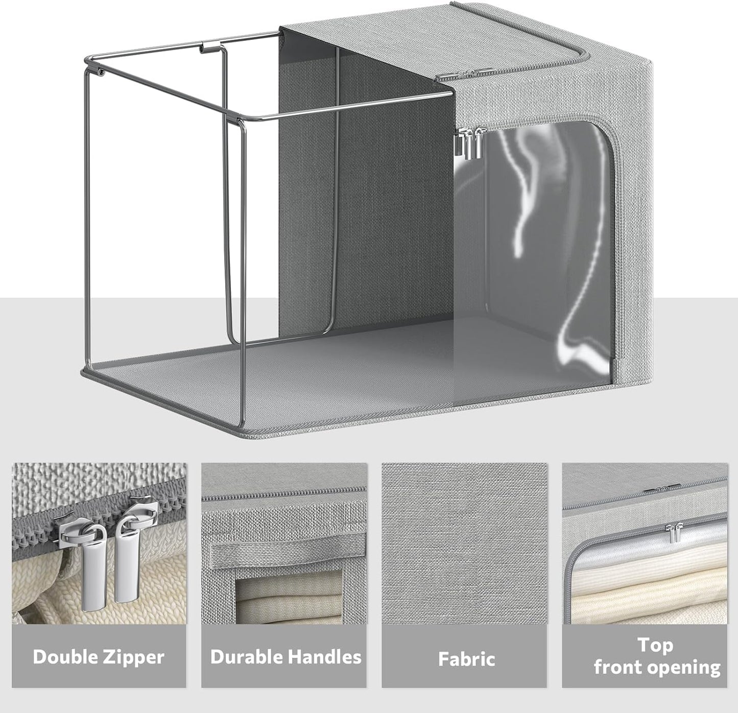 CYhom 4 Pack Clothes Storage Bins with Metal Frame - Linen Fabric Foldable Stackable Container Organizer Set with Clear Window & Carry Handles & Zippers (Light Grey, 23.6"x16.5"x15.7")