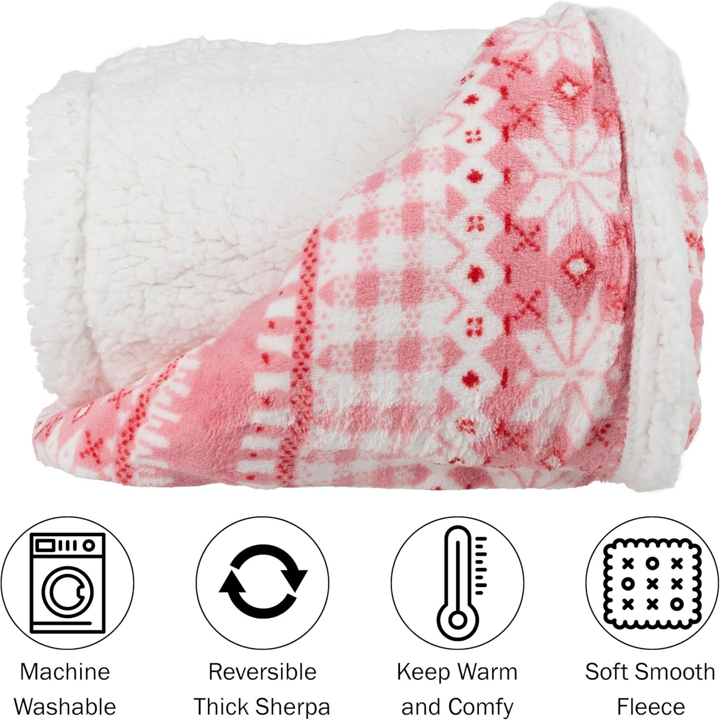 Reversible Fleece Blanket - 50x60-Inch Machine-Washable Sherpa Throw with Snowflakes - Cozy Blanket for Couch, Chair, or Bed by Lavish Home (Pink)