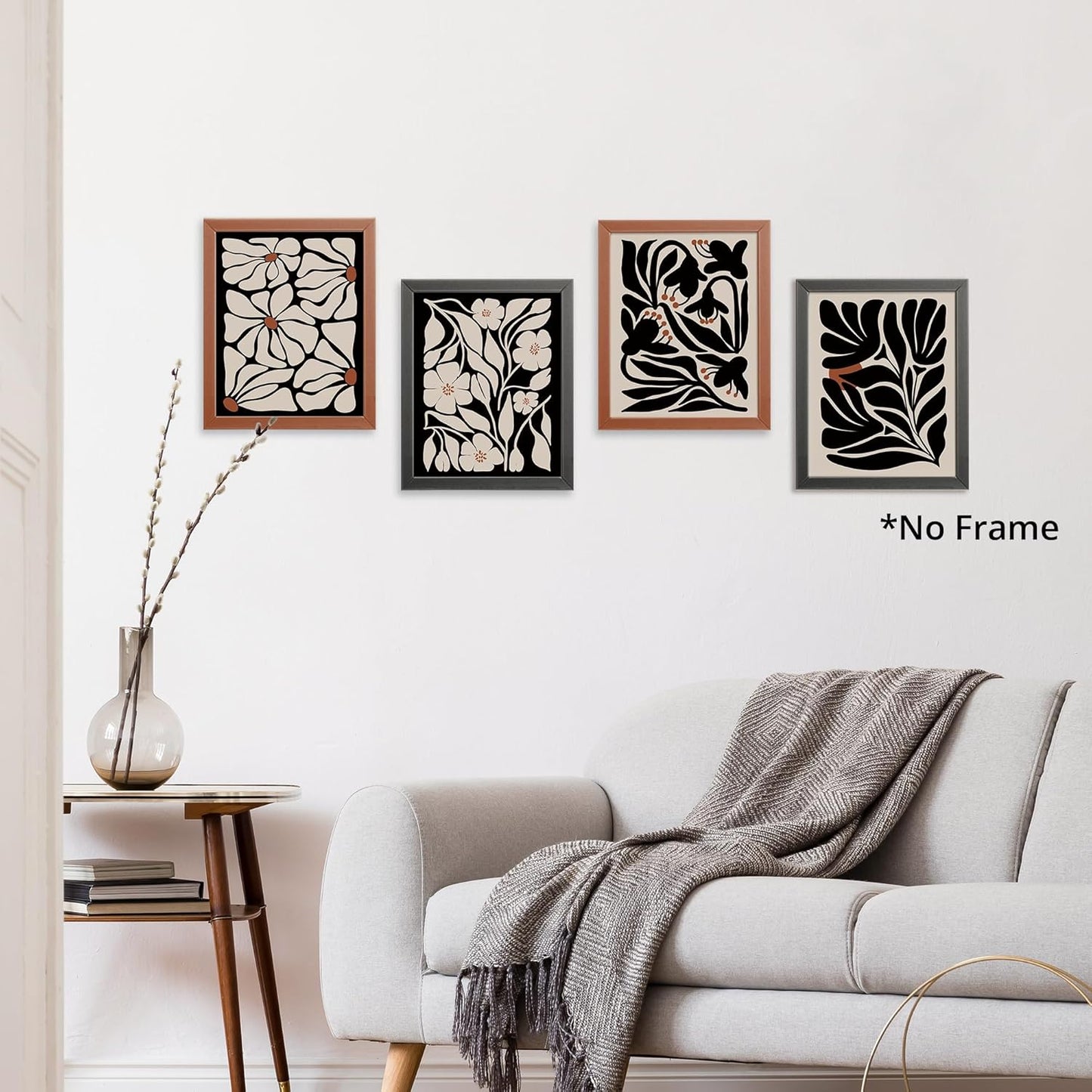 Abstract Boho Black flowers Plant Poster Prints for Home Living Girl Room Dorm Office Decor,Vintage Botanical Bohemian Neutral Floral Decorations Prints Aesthetic Wall Art Unframed 4pcs