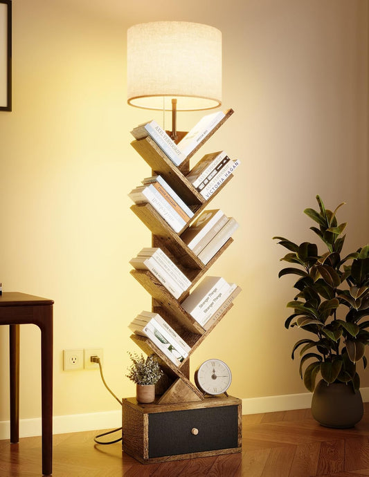 9 Tier Tree Bookshelf with Light and Drawer, Floor Standing Bookshelf Storage Organizer for Books/CDs, 9 Shelf Small Bookcase for Bedroom, Living Room, Taupe