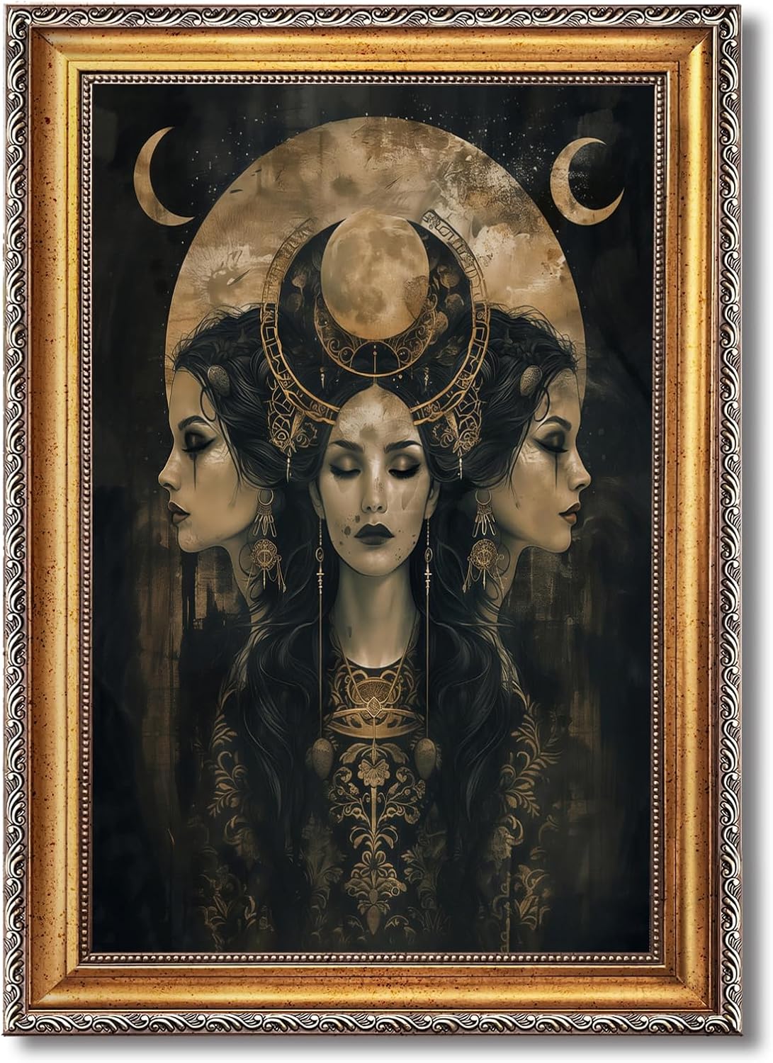 Dark Academia Wall Art Vintage Witch Moon Goddess Hecate Horror Canvas Print Gothic Victorian Mystical Artwork Celestial Pagan Decor Poster for Bedroom Living Room 12x16inch Retro Gold Frame