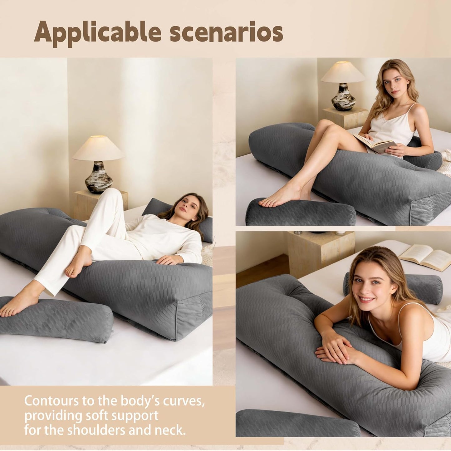 Headboard Pillow for Bed, Triangular Wedge Pillow Headboard, Reading Pillow with a Roll Pillow&Side Pockets, for Neck Lumbar Support, with Removabl fo Bed Dorm Sofa (Grey,Full 54in)