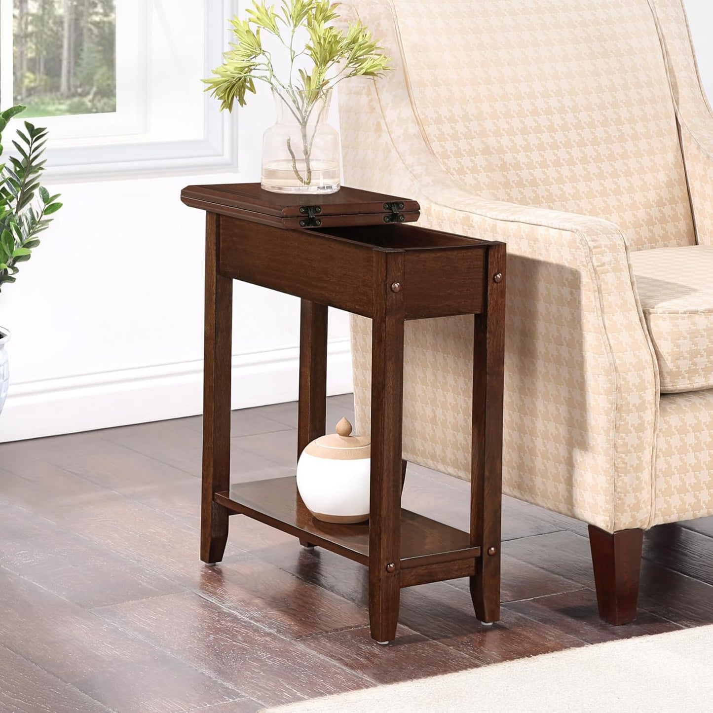 Convenience Concepts American Heritage Flip Top End Table 23.25" - Classic Narrow Chairside Accent with Hidden Storage & Lower Shelf for Traditional, Modern Living Room, Espresso