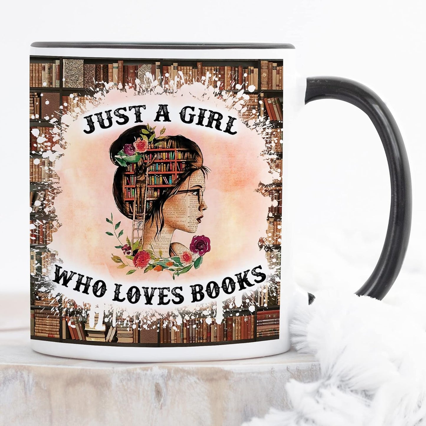 YouNique Designs Just a Girl Who Loves Books Mug, 11 Ounces, Book Club Cups, Book Lovers Coffee Mug, Librarian Mug, Bookworm Cup, Book Mug, Bookish Items, Reading Mug, Book Nerd Mug (Black Handle)