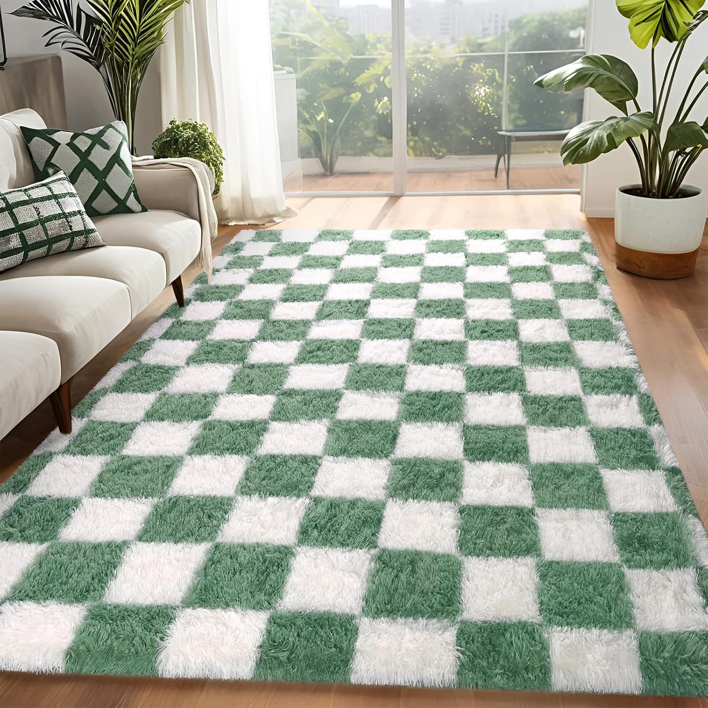 Rugs for Bedroom Living Room, 4x6 ft Sage Green and White Checkered Area Rug, Fluffy Soft Washable Carpet, Modern Non-Slip Shag Carpets for Boys Girls Nursery Home Aesthetic Decor