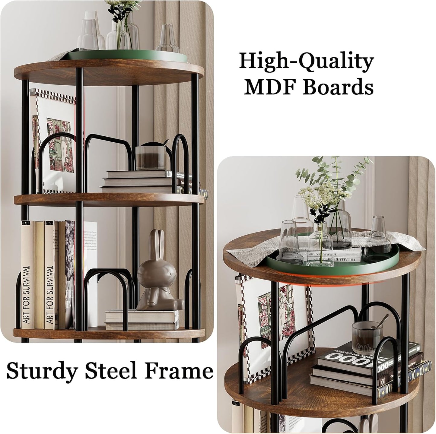 4 Tier Rotating Bookshelf, 360 ° Display Corner Book Shelf, Stackable Spinning Bookshelf Tower, Narrow Tall Revolving Bookcase, Round Swivel Storage Organizer (Black, 4 Tiers)