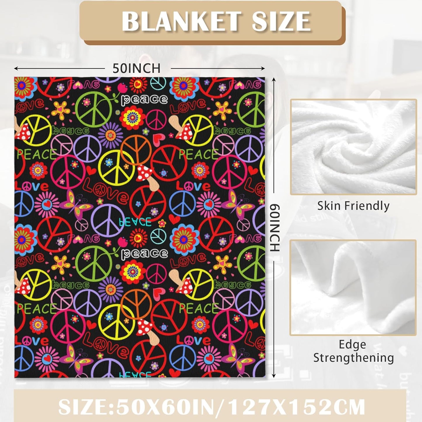 Elightvap Blanket Hippie Peace Mushroom Butterfly Flower Blankets Warm Lightweight Throw Blanket All-Season for Couch Bed Man Women Girl 50"x60"