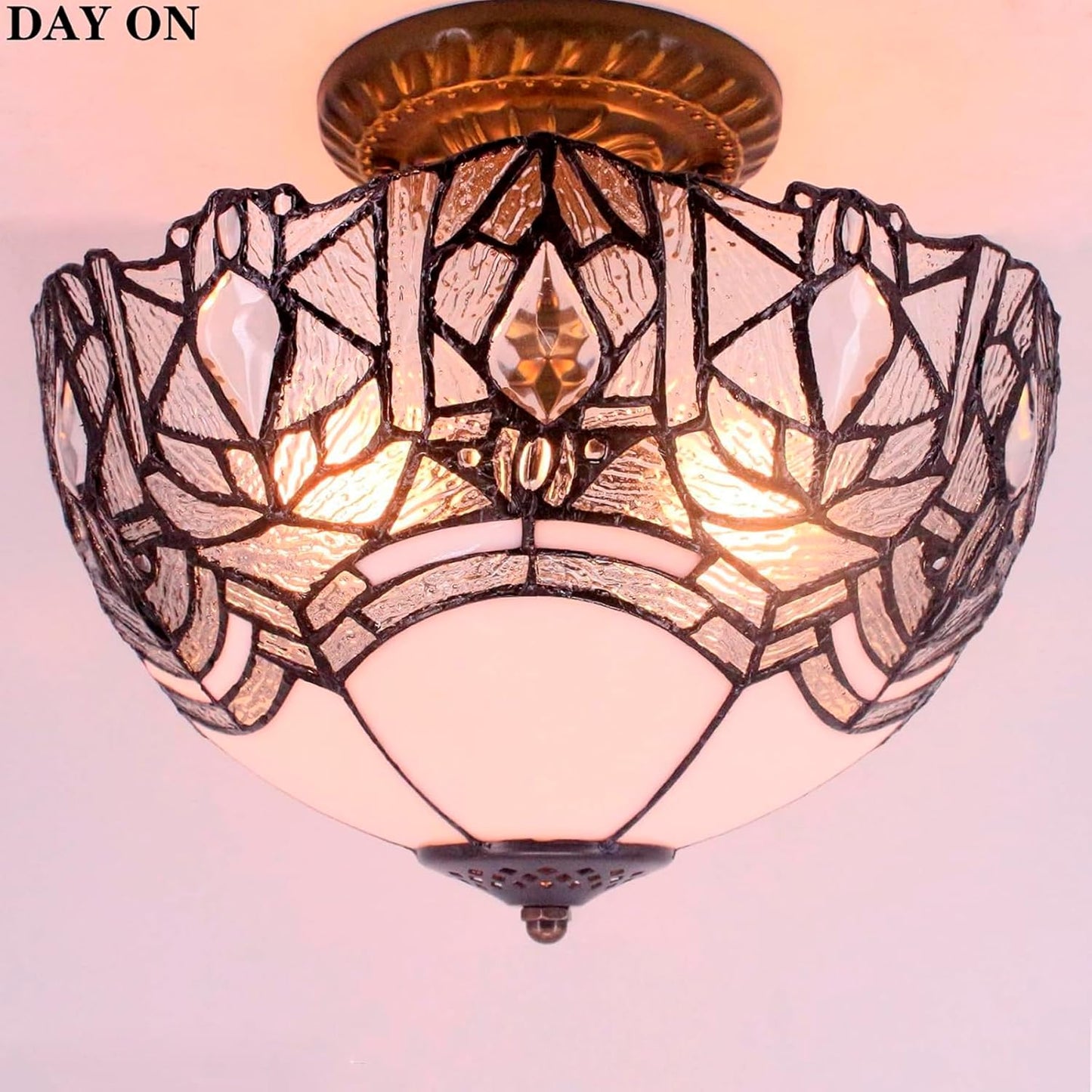 WERFACTORY Tiffany Ceiling Light Fixture Crystal Bead White Stained Glass Semi Flush Mount Lamp Wide 12 Inch, Height 11 Inch S508W Series