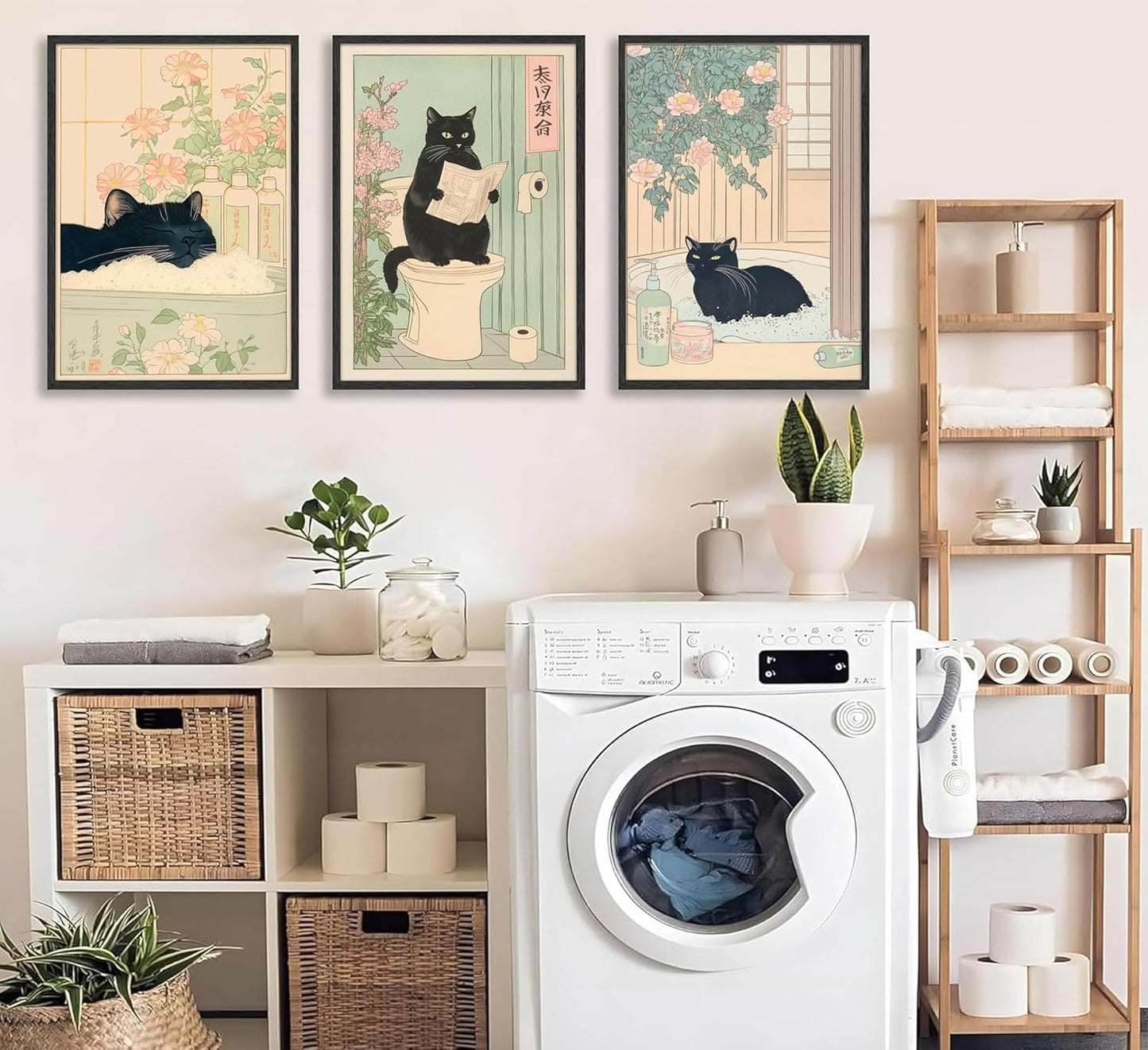 3Pcs Funny Japanese Bathroom Cat Wall Art Cute Animal Painting Picture Wall Decor Cats Lovers Prints Poster Print Artwork for Bathroom Toilet Home Decoration Unframed