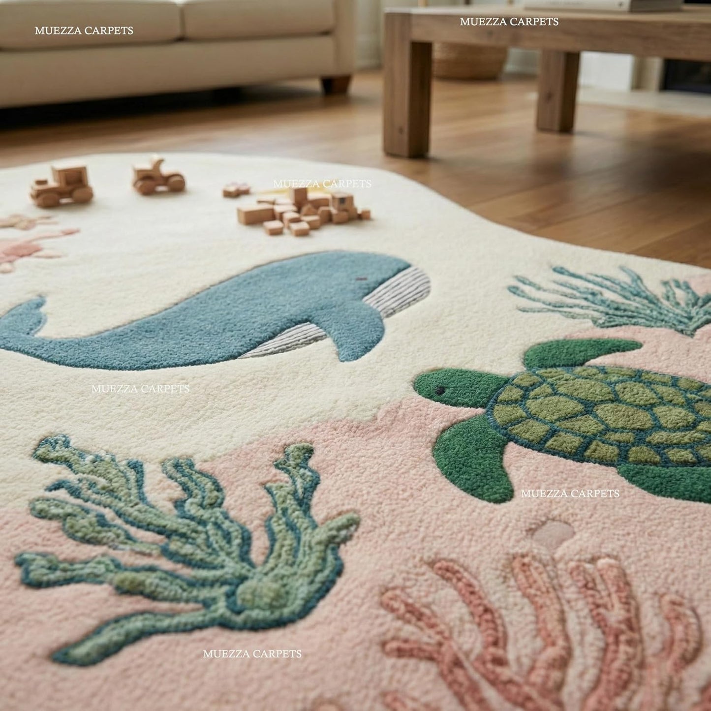 Ocean Theme Kids Play Mat, Whale and Sea Turtle Design, Soft Plush Rug, 2x3 Feet