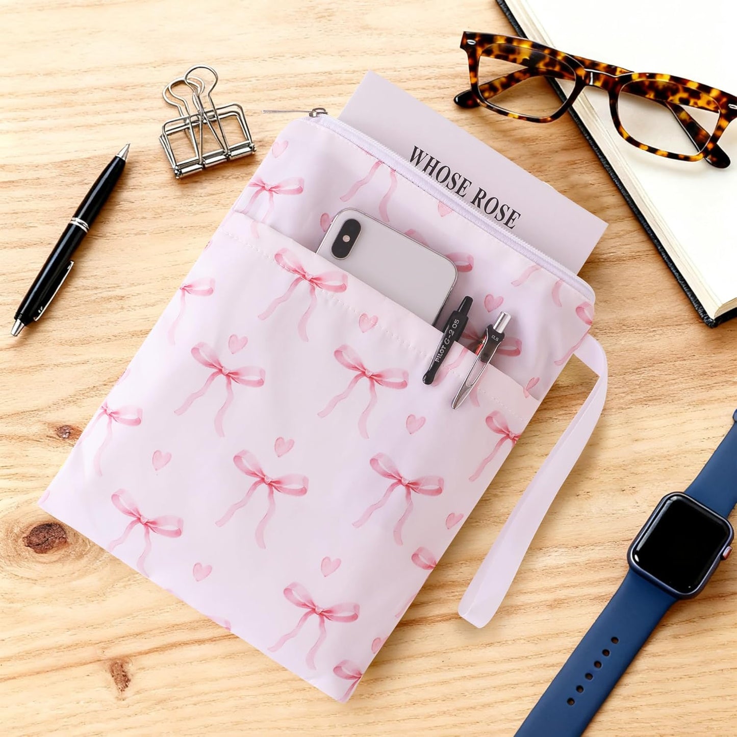 Book Sleeve with Zipper, 11''x 9'' Waterproof Paperback Sleeve for Book Lovers Books Pouch Cover with Handle for Hardcovers Kindle Sleeve for Reader Teacher Women (Light pink bow tie, 11x 9 inch)