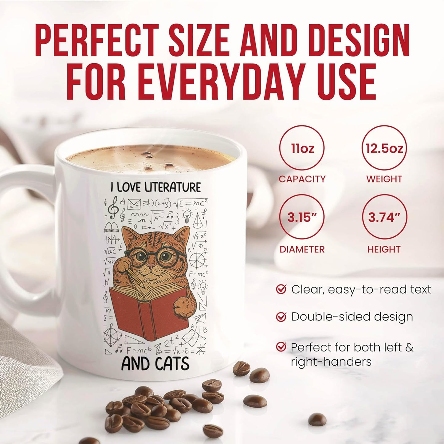 Literature And Cats Mug - Book Lover Coffee Cup - Friend Funny Gift From Readers - Literary Tea Mugs - Enthusiast Cups - 11 Oz Ceramic Gifts For Bibliophiles, Birthday, Him, Her, Christmas, Owner