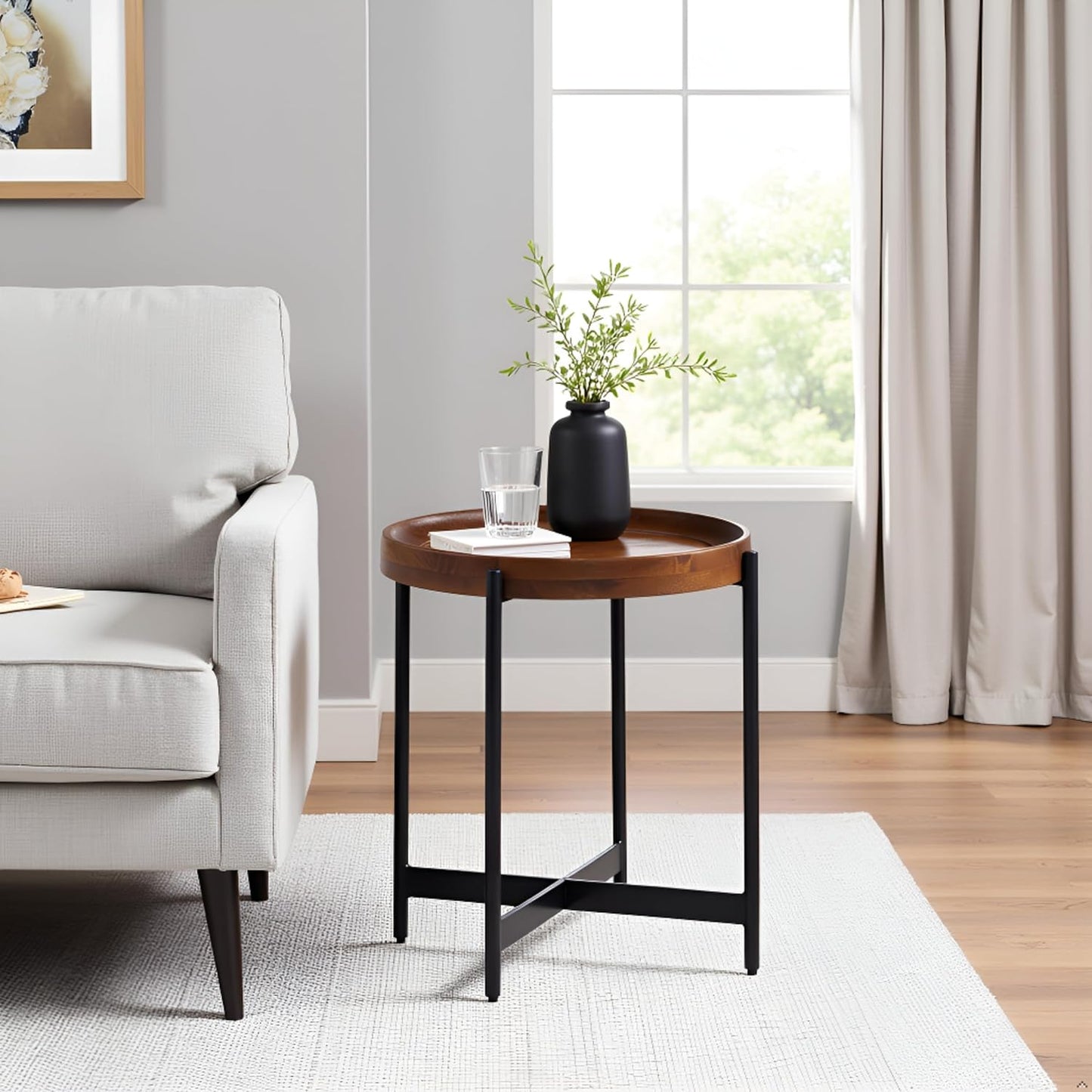 Brookline 20" Round Wood End Table – Solid Top with Tray Edge and Black Metal Legs – Rustic Farmhouse Accent Table for Living Room, Bedroom, or Small Spaces by Alaterre Furniture (Medium Chestnut)
