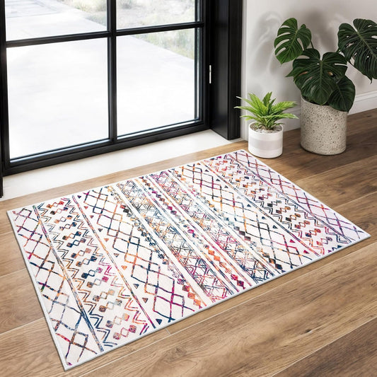 KUTA Moroccan Rugs for Entryway, 2x3 Multi-Color Area Rug Non-Slip Washable Small Indoor Door Mat, Ultra Soft Vintage Geometric Low-Pile Floor Carpet for Entrance, Kitchen