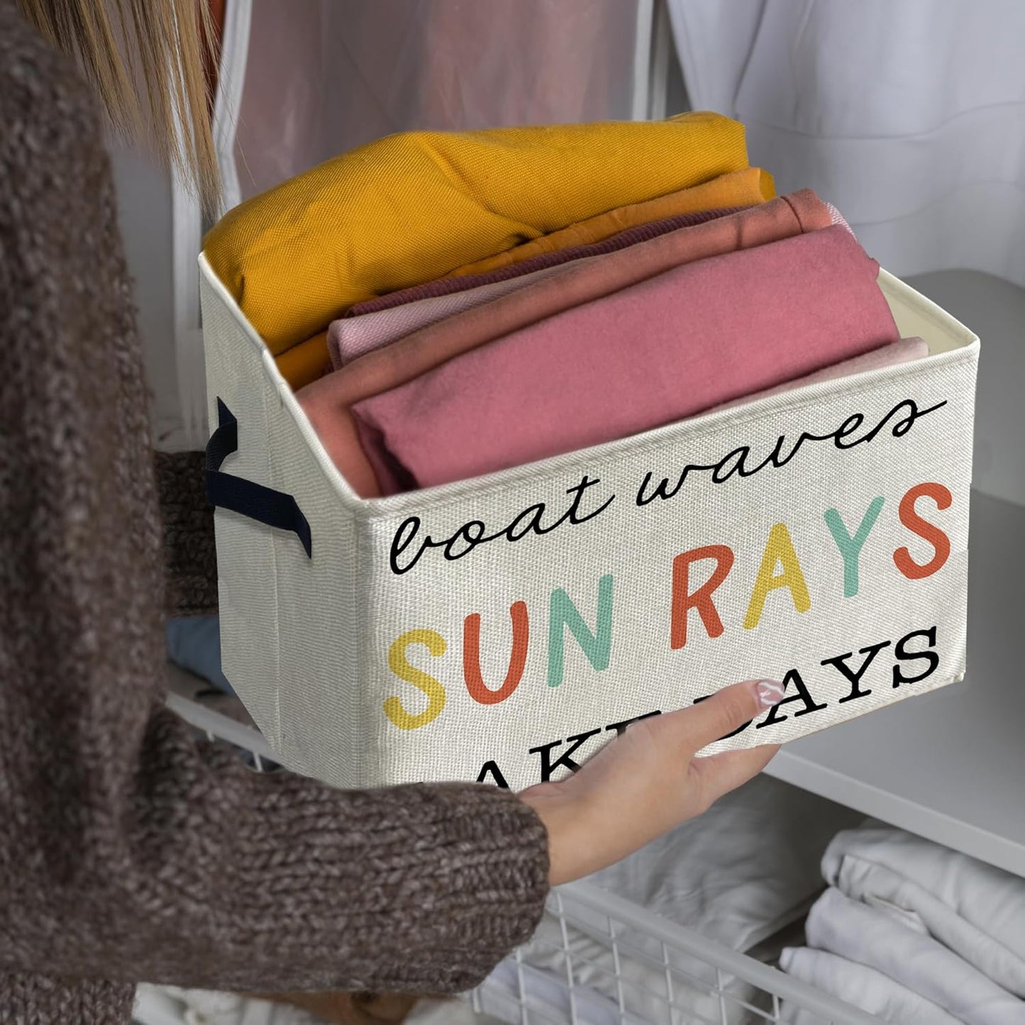 Knibeo Lake House Fabric Storage Bins for Shelves Closet, Boat Waves Sun Rays Lake Days Rainbow Collapsible Cube Baskets Organizer for Clothes Books Toys