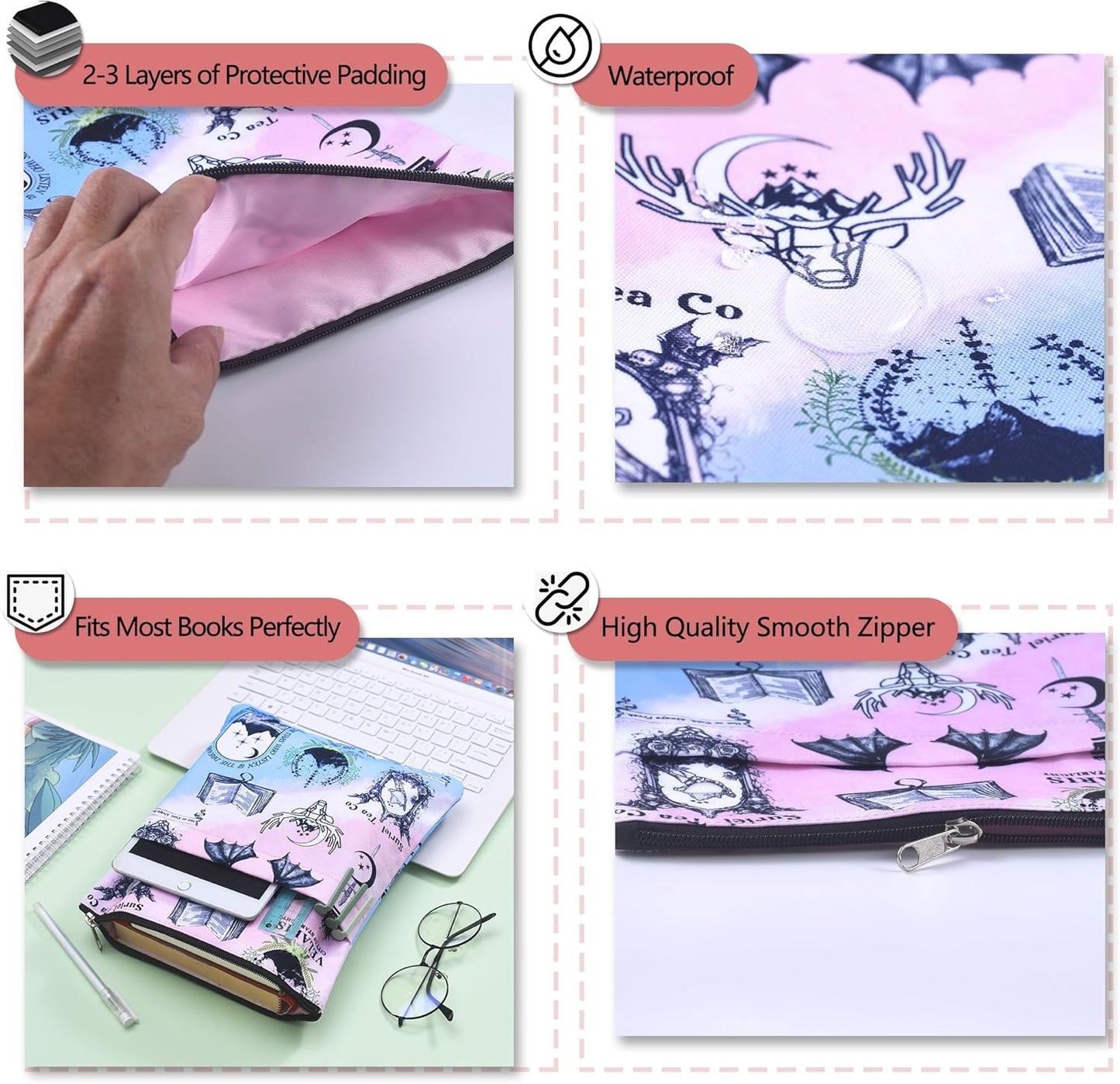 Fantasy Book Cover Markers for Reading, VELARIS Book Sleeve, Dark Fairytale Book Covers, Gifts for Men Women Book Lovers, Readers Sleeve Gift Paperback Book Cover with Zipper (Rose A)