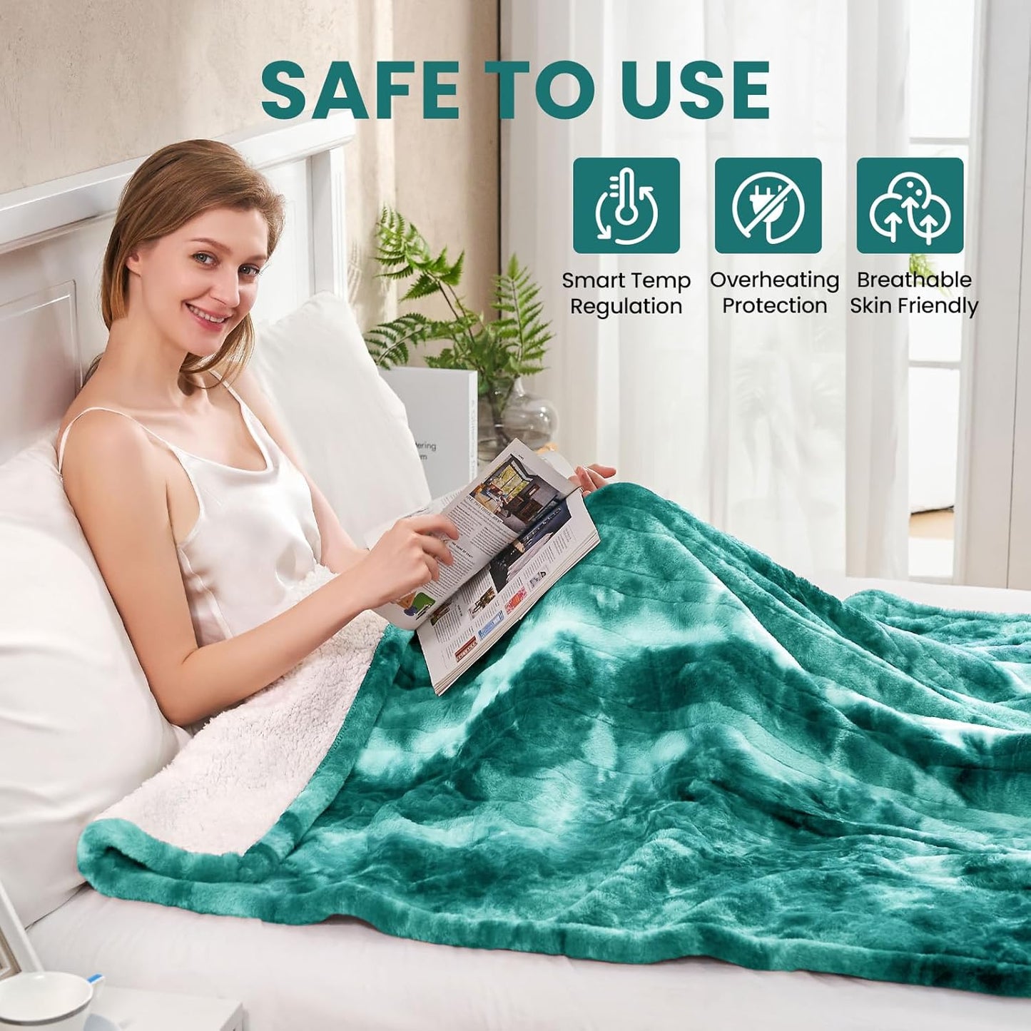 Electric Heated Throw Blanket 50"x60",Luxury Green Faux Rabbit Fur Electric Throw Blanket,Fast Heating Soft Fluffy Thick Electric Blanket with 6 Heating Levels & 12H Auto Off
