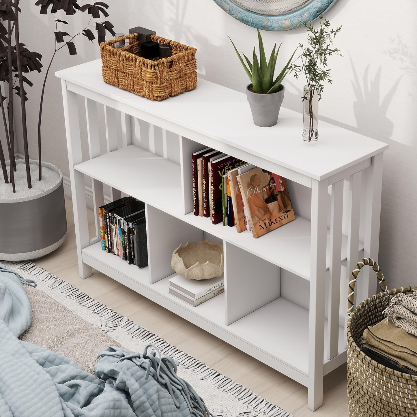 TaoHFE White Horizontal Bookshelf Horizontal Bookcase Low Bookshelf Office Shelves