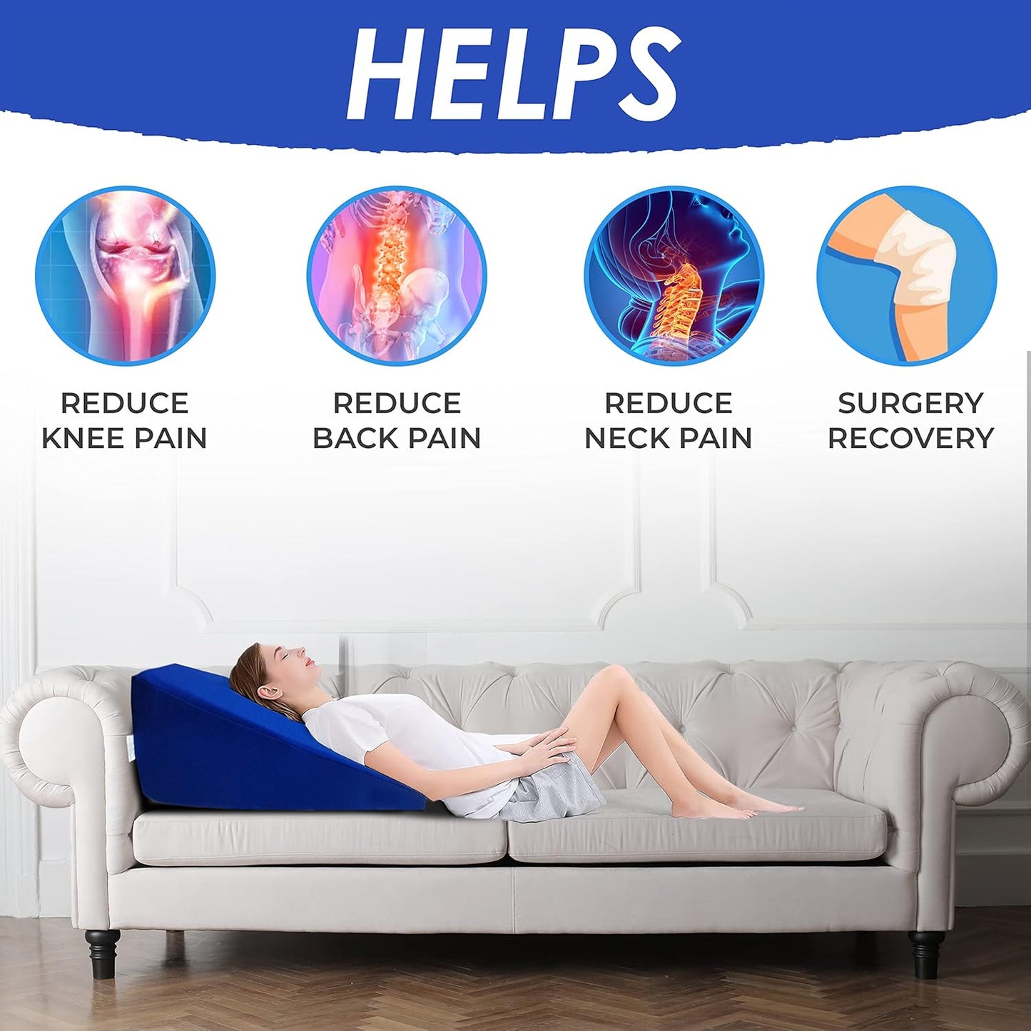 Bed Wedge Elevator for Acid Reflux, Sleeping, Posture Control, Surgery Recovery, 7.5 inch Lift. Polyester Cover. Foam Wedge Pillow for Sleeping, Triangle Pillow Wedge, Incline Maternity Pregnancy