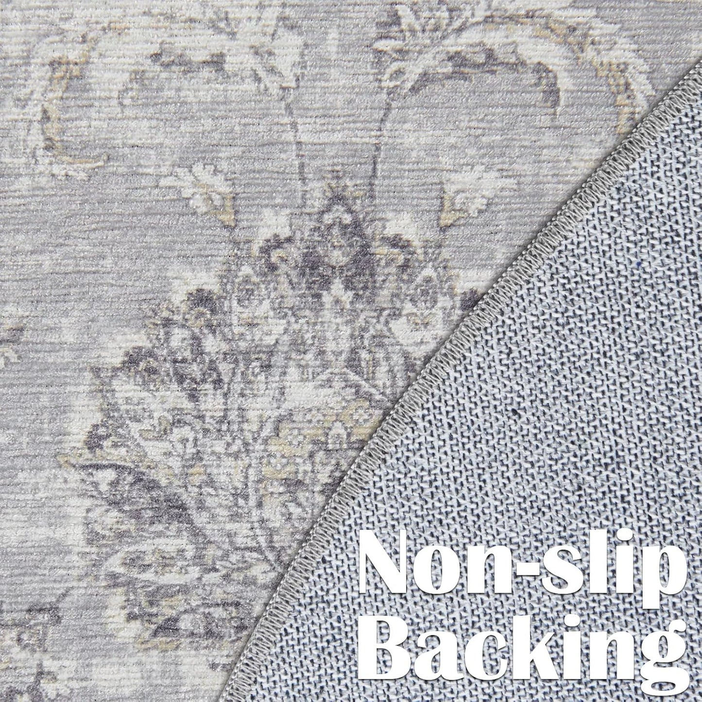 jinchan Fiora Round Rug 4ft Area Rugs Vintage Floral Distressed Design - Machine Washable Non-Slip Low-Pile Ultra-Thin Circle Rug for Entryway Bedside Living Room Dining Room Bedroom (4' Round, Grey)