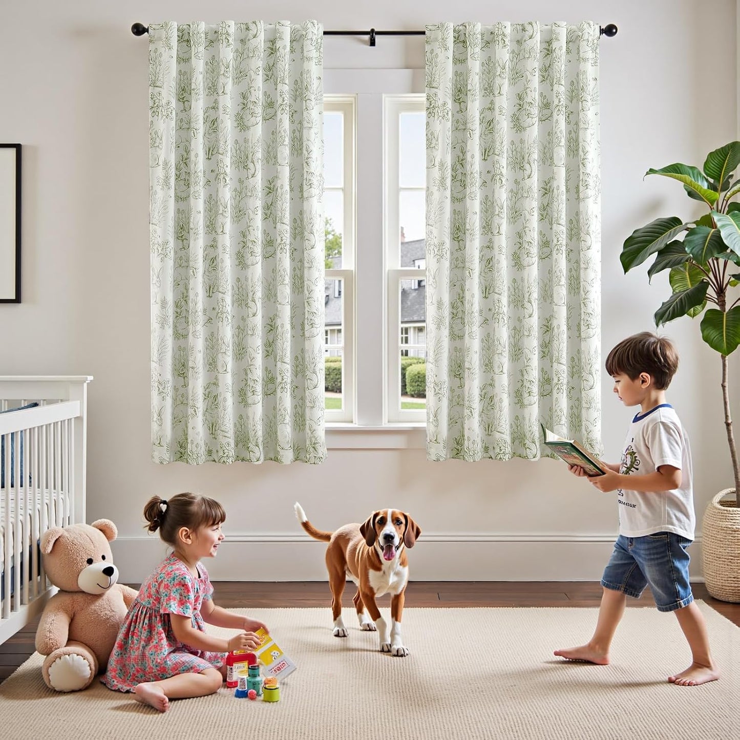 JINCHAN 95% Blackout Nursery Curtains 63 Inches Long, Bunny Woodland Toile Easter Decor Curtains Sage Green on Beige Animal Printed Drapes Bedroom Spring Decoration Farmhouse Window Treatment 2 Panels