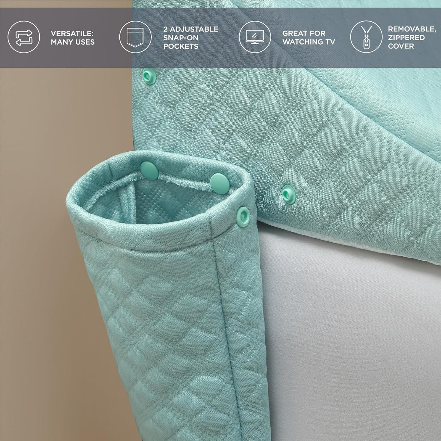 Aeropostale Foam-Filled Bed Wedge Pillow for Twin Beds – Dorm, Kids & Teen Rooms – Headboard Gap Filler with Side Pocket for Bedside Essentials, Mint