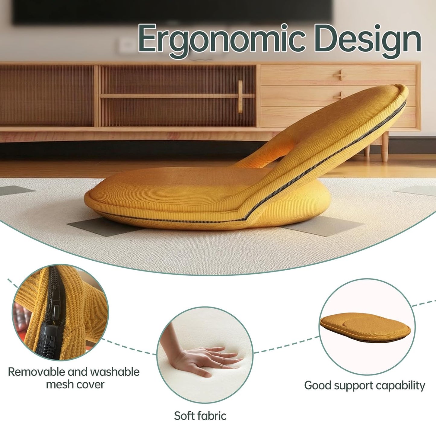 Floor Chair Adjustable Back Support Folding Chair Padded Meditation Seating 5-Position Multiangle Portable Comfy Cushion Recliner for Adults Kids Video-Gaming Reading Watching Lay Flat,Yellow